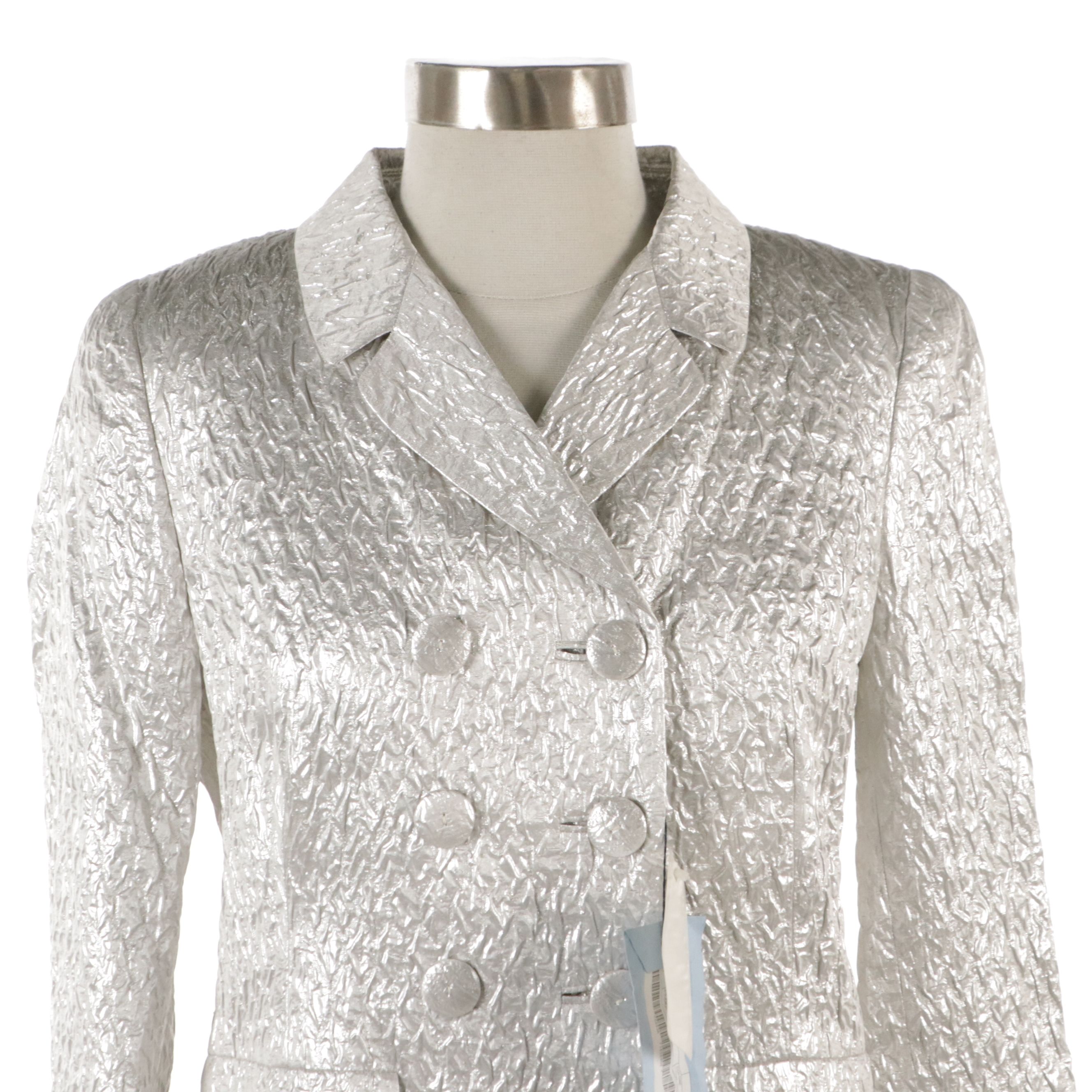 Prada Double-Breasted Blazer in Metallic Silver Crinkled Silk, With Tags