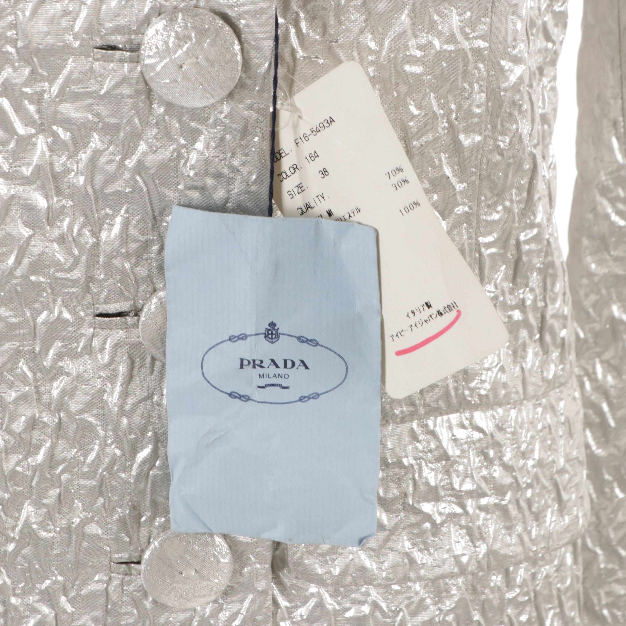 Prada Double-Breasted Blazer in Metallic Silver Crinkled Silk, With Tags