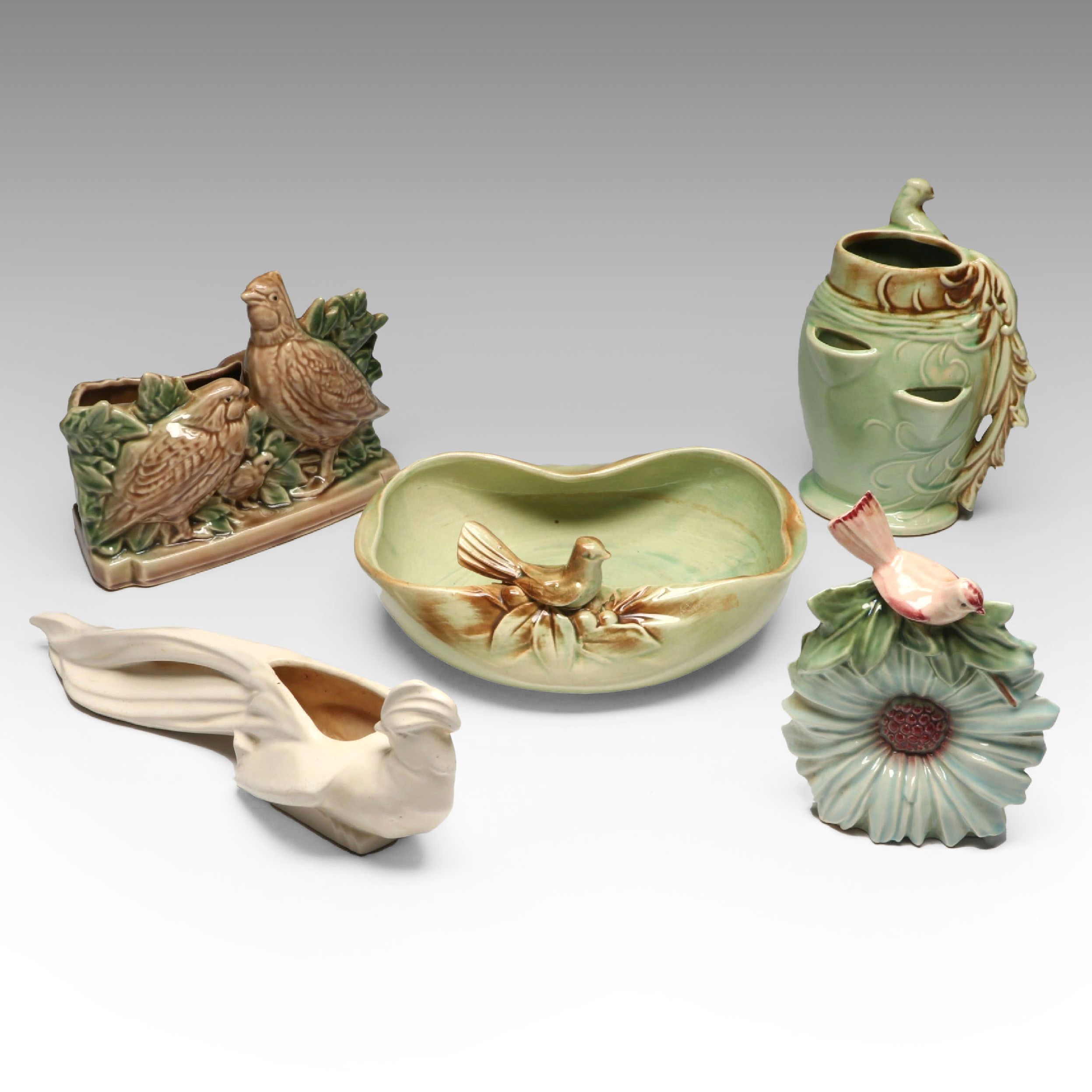 McCoy Bird On Flower Wall Pocket with More Vintage McCoy Vases and Planters