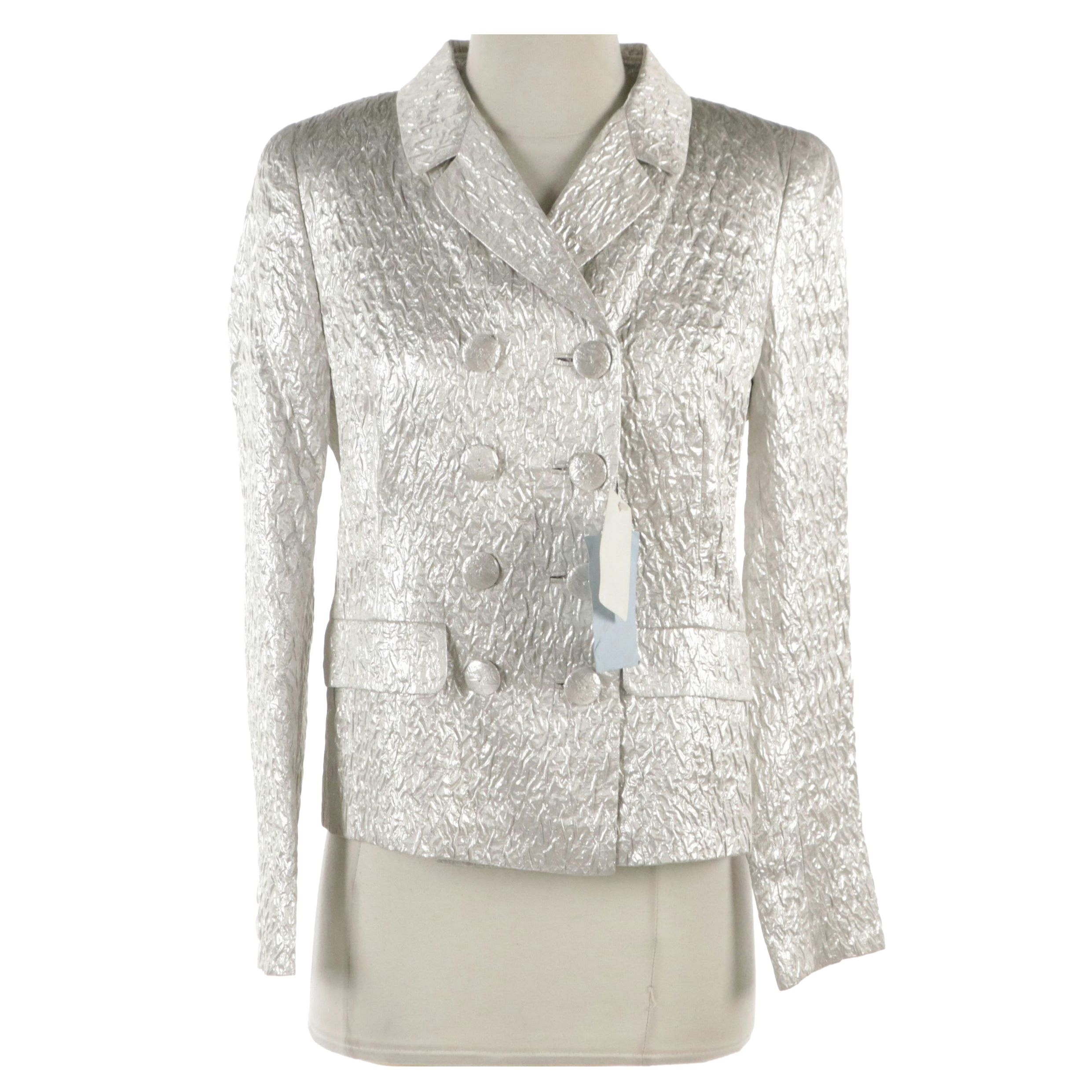 Prada Double-Breasted Blazer in Metallic Silver Crinkled Silk, With Tags