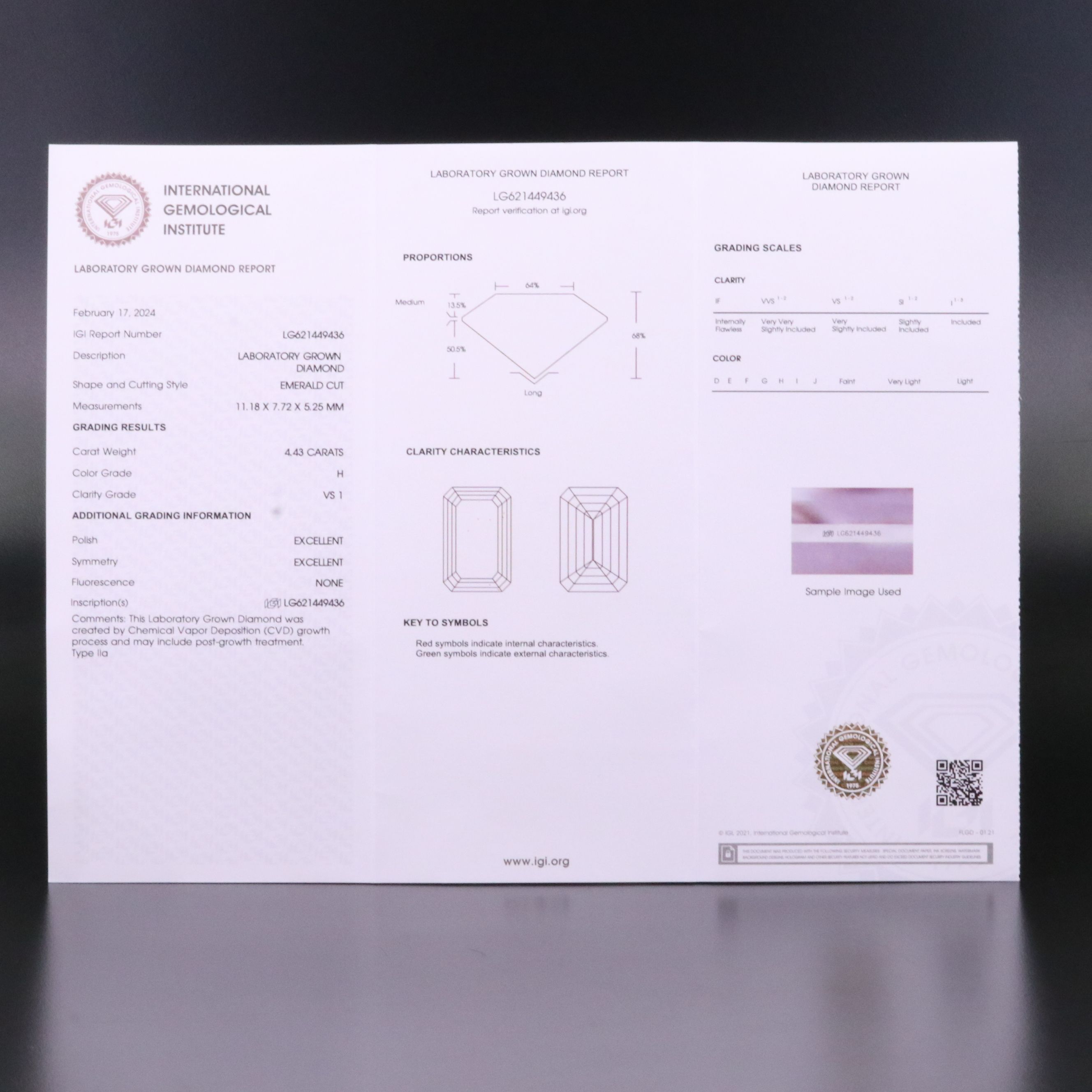 Loose 4.43 CT Lab Grown Diamond with IGI Report