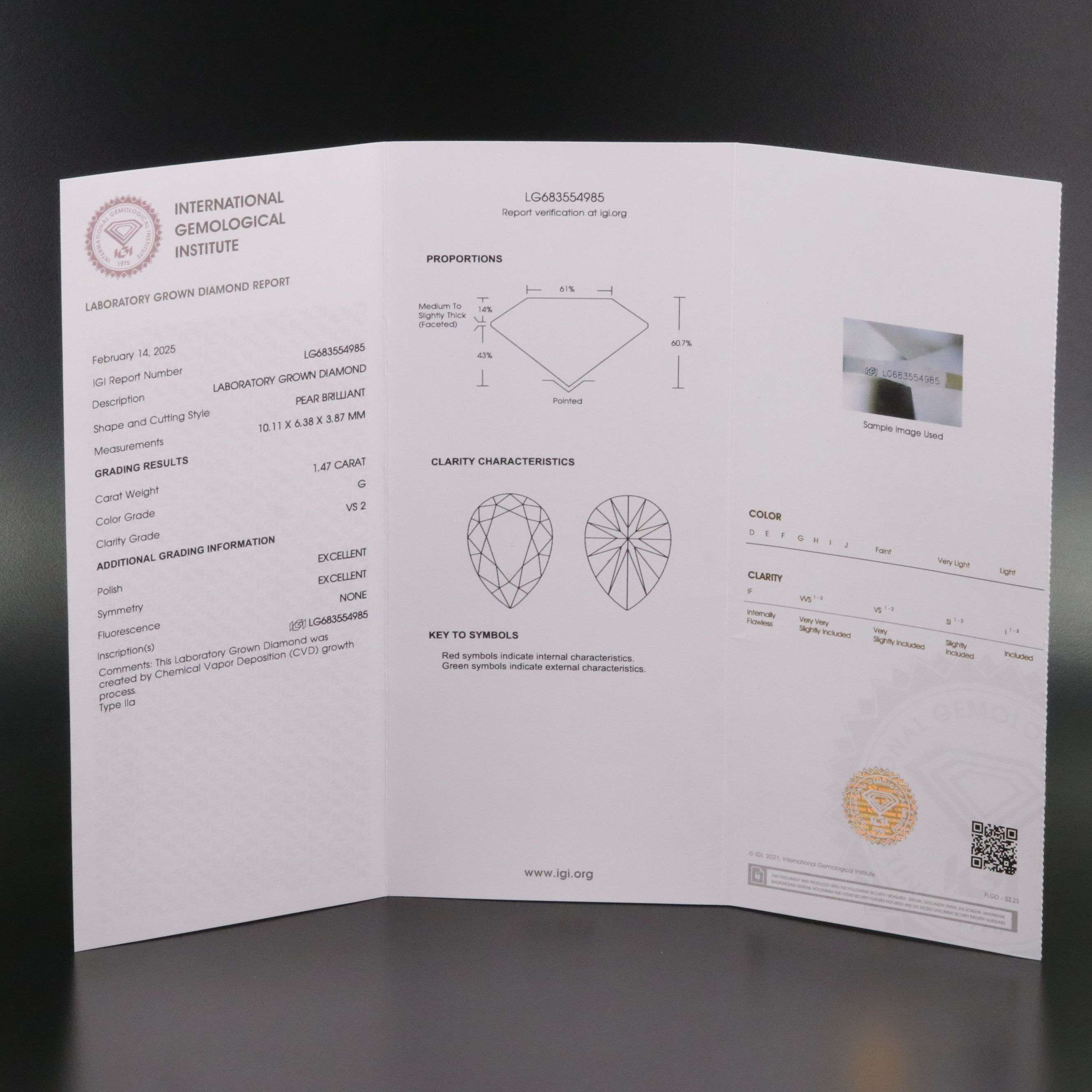 Loose 1.47 CT Lab Grown Diamond with IGI Report