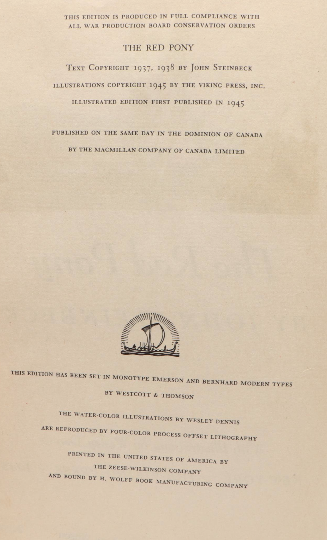 First Illustrated Edition "The Red Pony" by John Steinbeck, 1945
