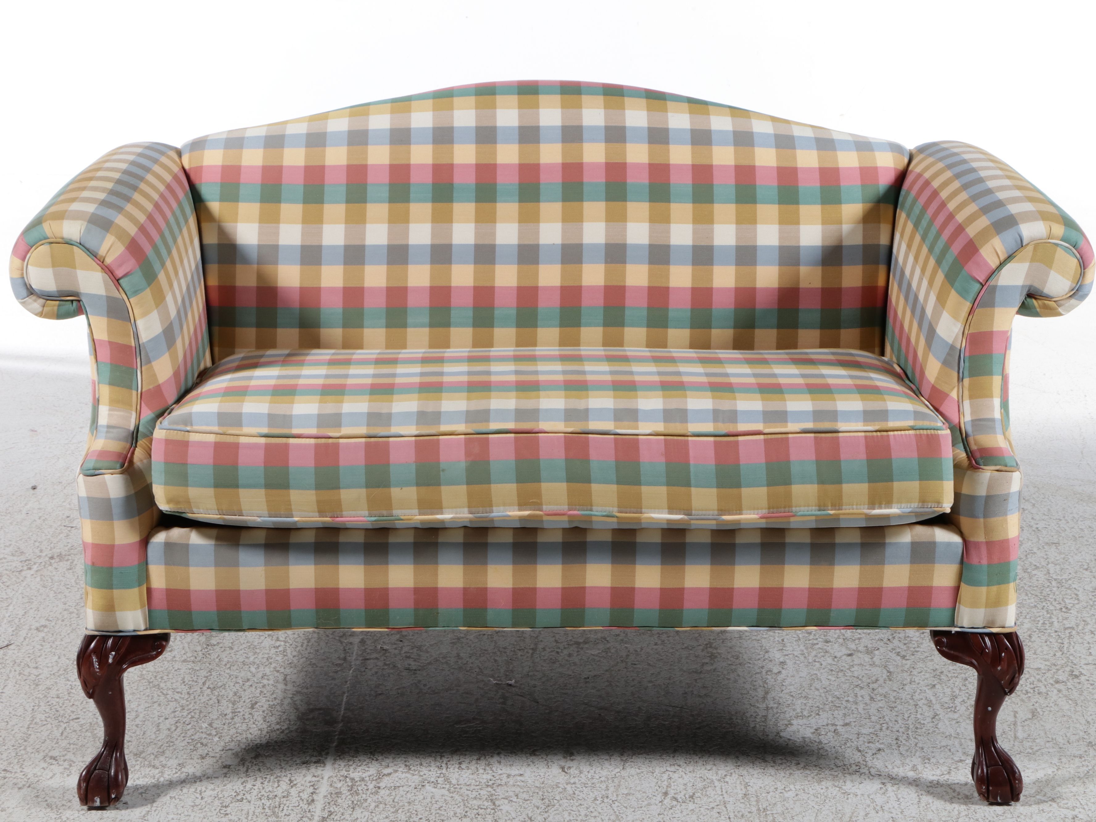 Hunt Galleries Chippendale Style Plaid Upholstered Settee