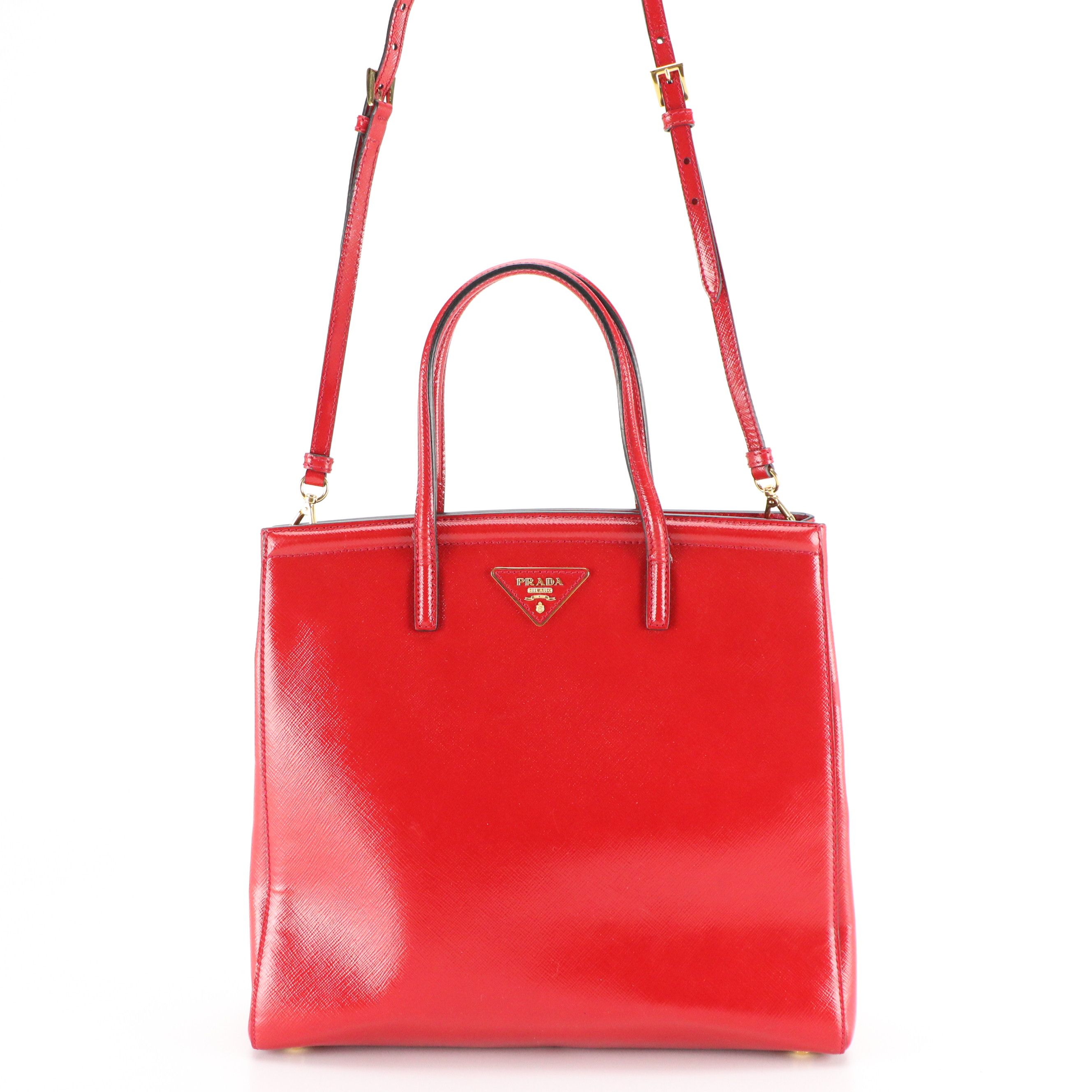 Prada Vertical Shopping Two-Way Tote in Red Patent Saffiano Leather