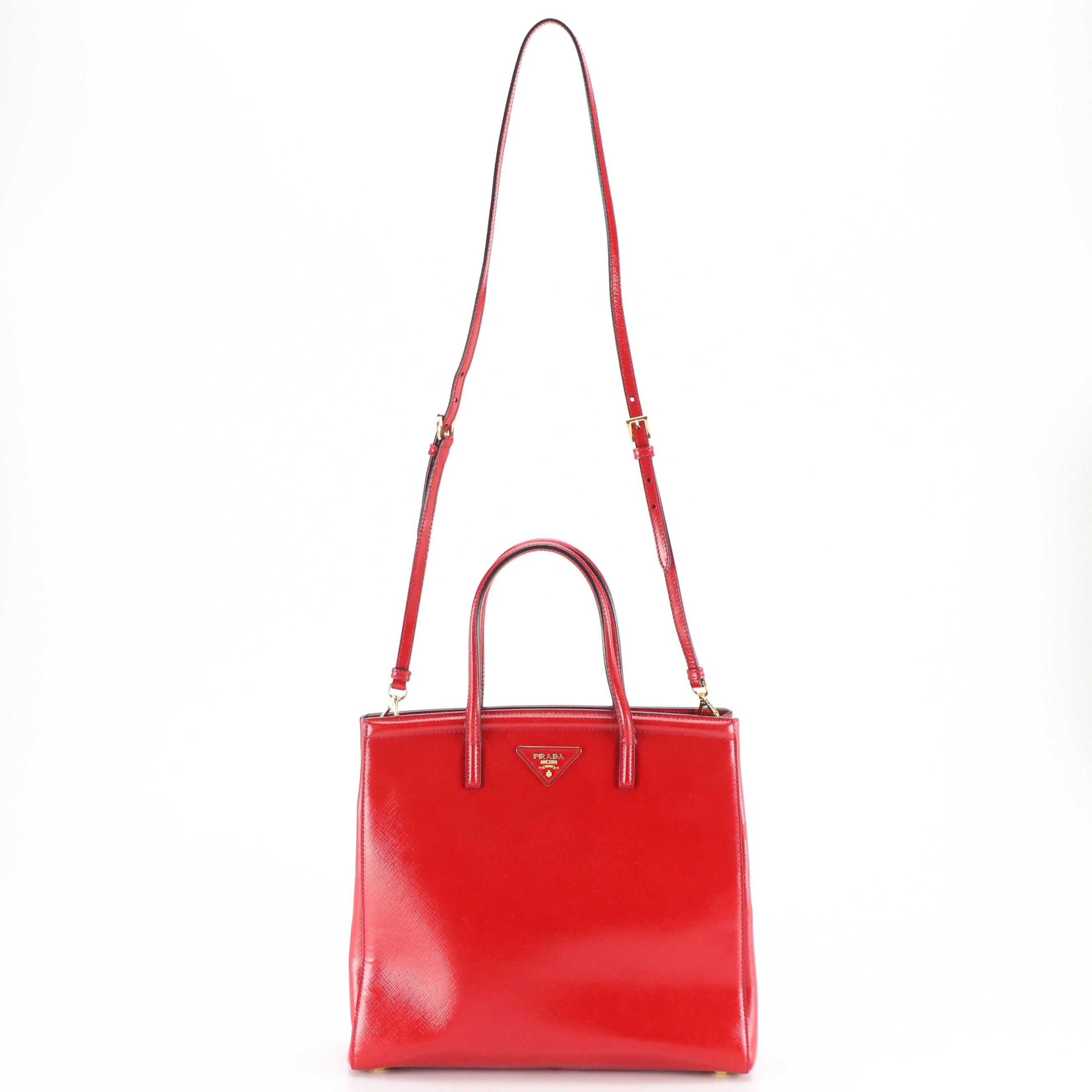 Prada Vertical Shopping Two-Way Tote in Red Patent Saffiano Leather