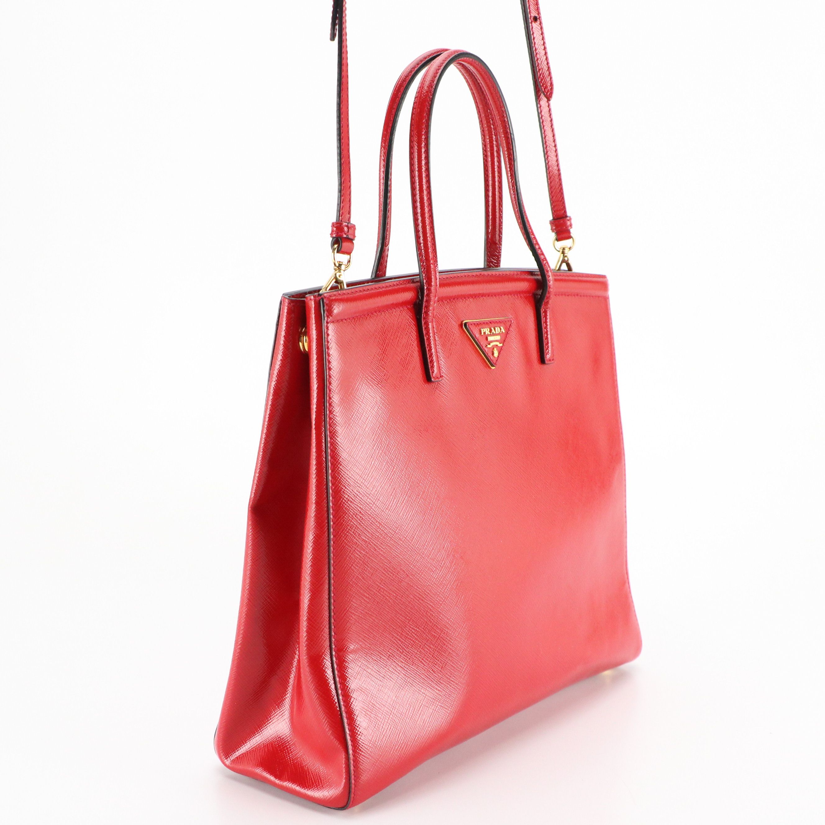 Prada Vertical Shopping Two-Way Tote in Red Patent Saffiano Leather