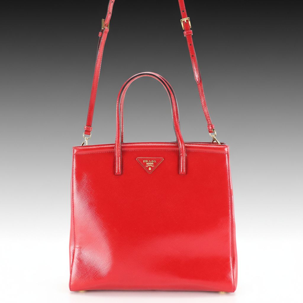 Prada Vertical Shopping Two-Way Tote in Red Patent Saffiano Leather
