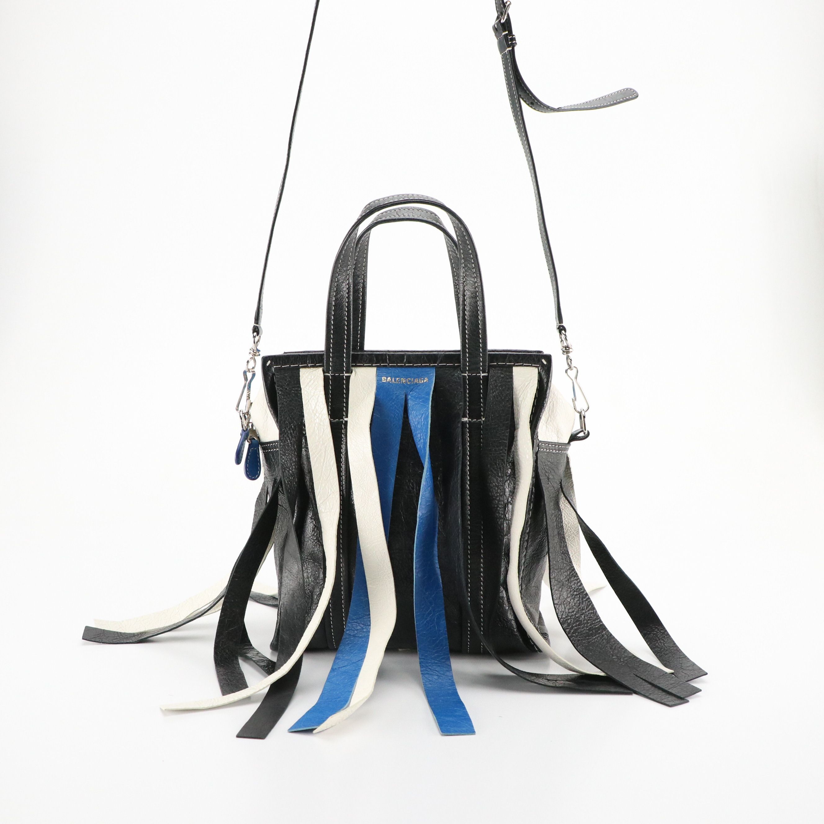 Balenciaga Bazar Fringe Two-Way Tote in Blue, Black & White Distressed Goatskin