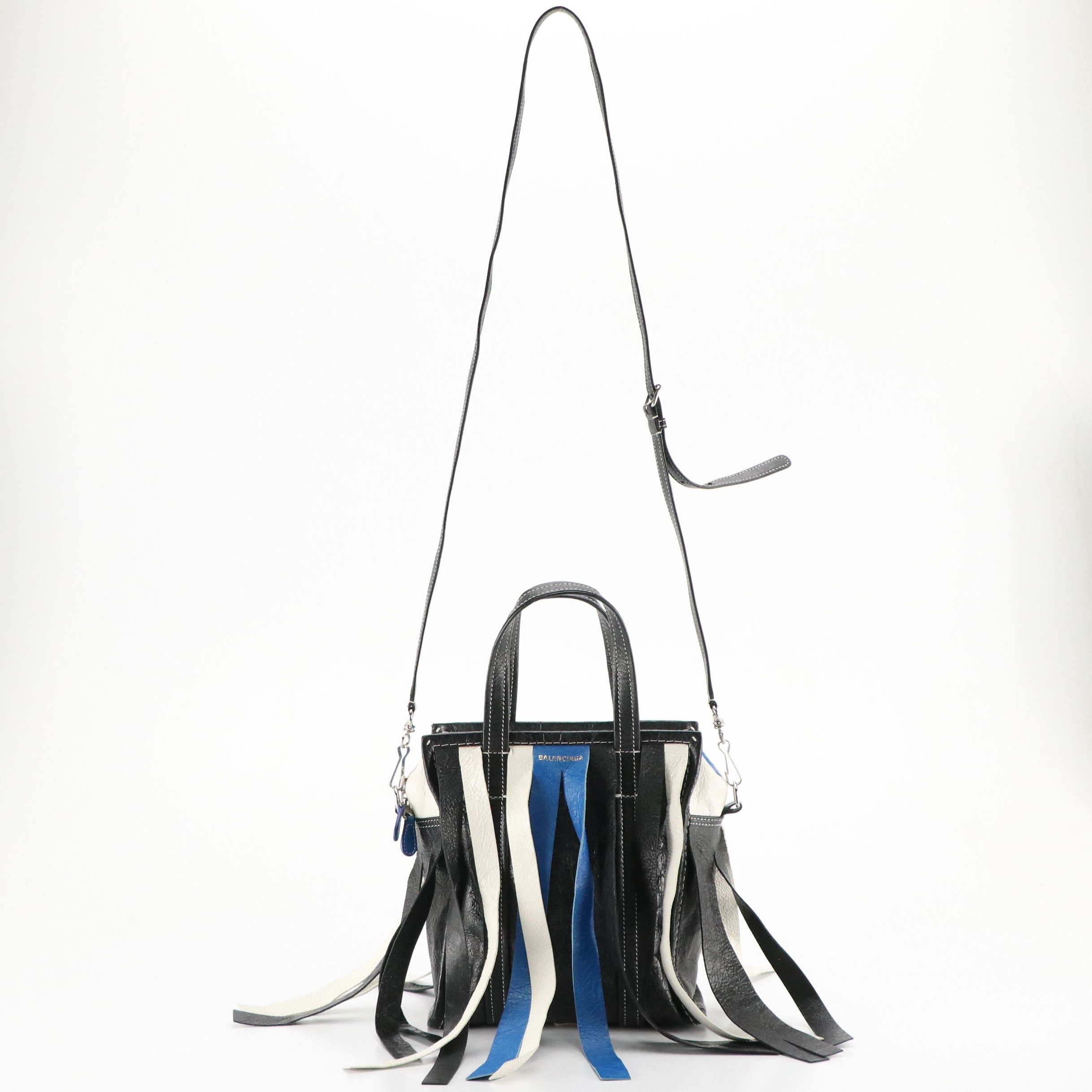 Balenciaga Bazar Fringe Two-Way Tote in Blue, Black & White Distressed Goatskin