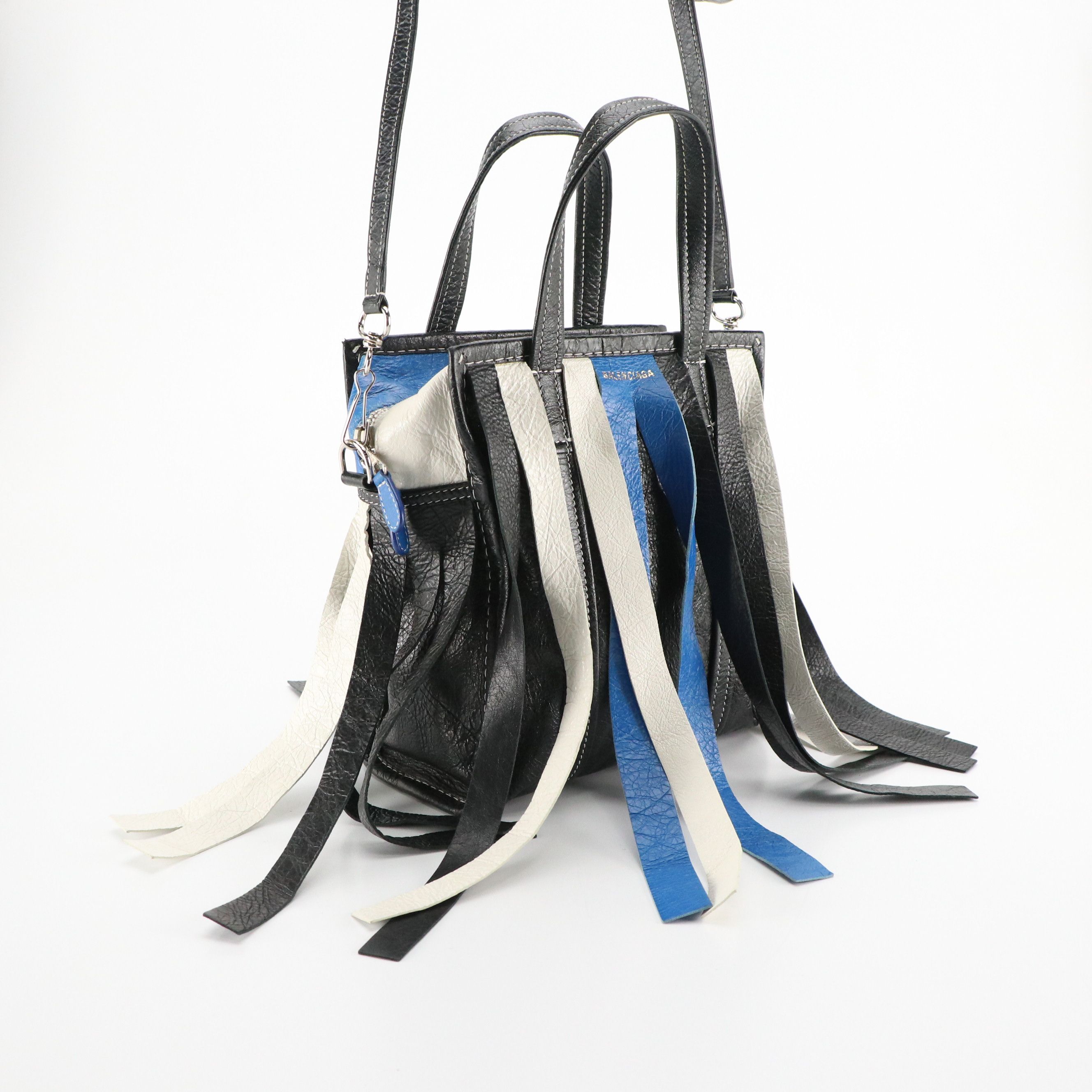 Balenciaga Bazar Fringe Two-Way Tote in Blue, Black & White Distressed Goatskin
