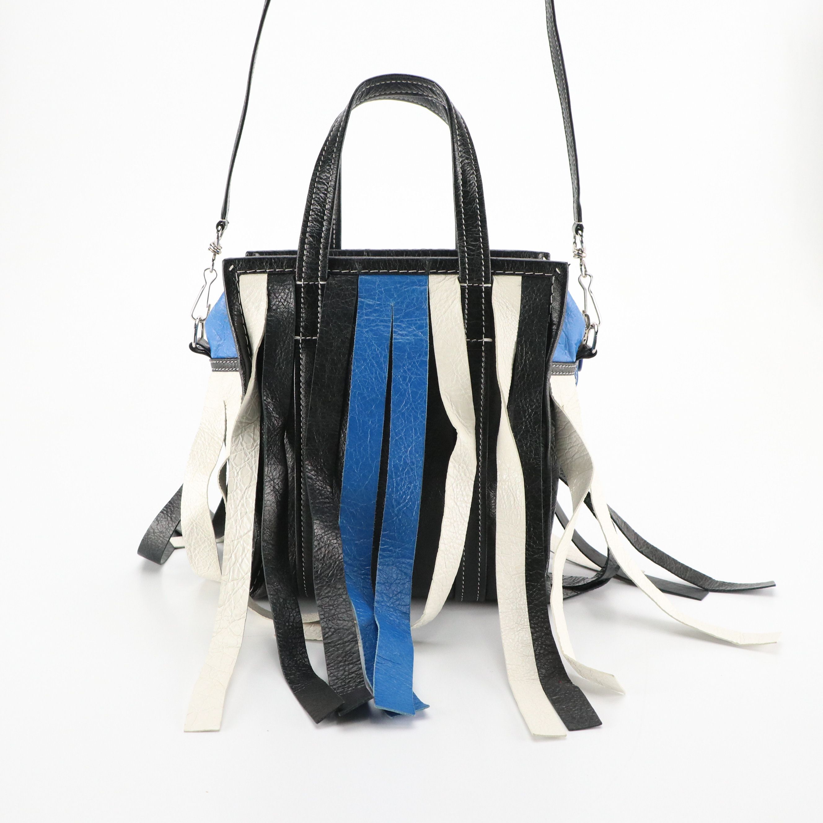 Balenciaga Bazar Fringe Two-Way Tote in Blue, Black & White Distressed Goatskin