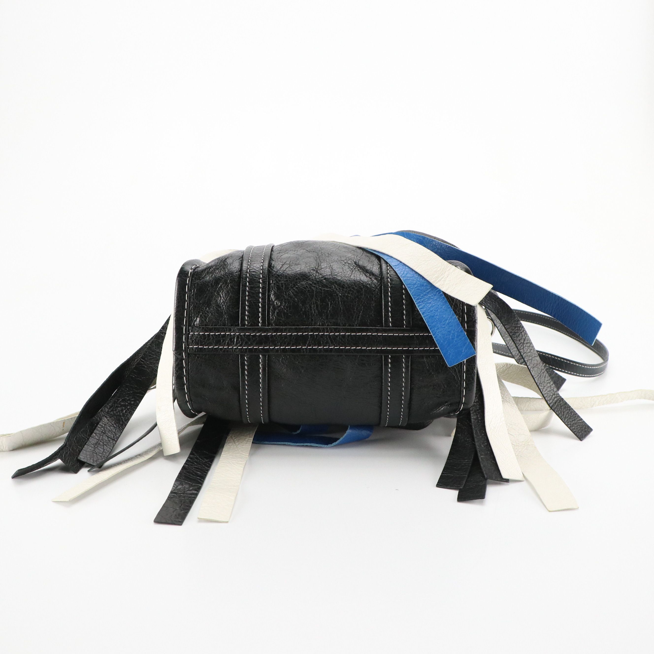 Balenciaga Bazar Fringe Two-Way Tote in Blue, Black & White Distressed Goatskin