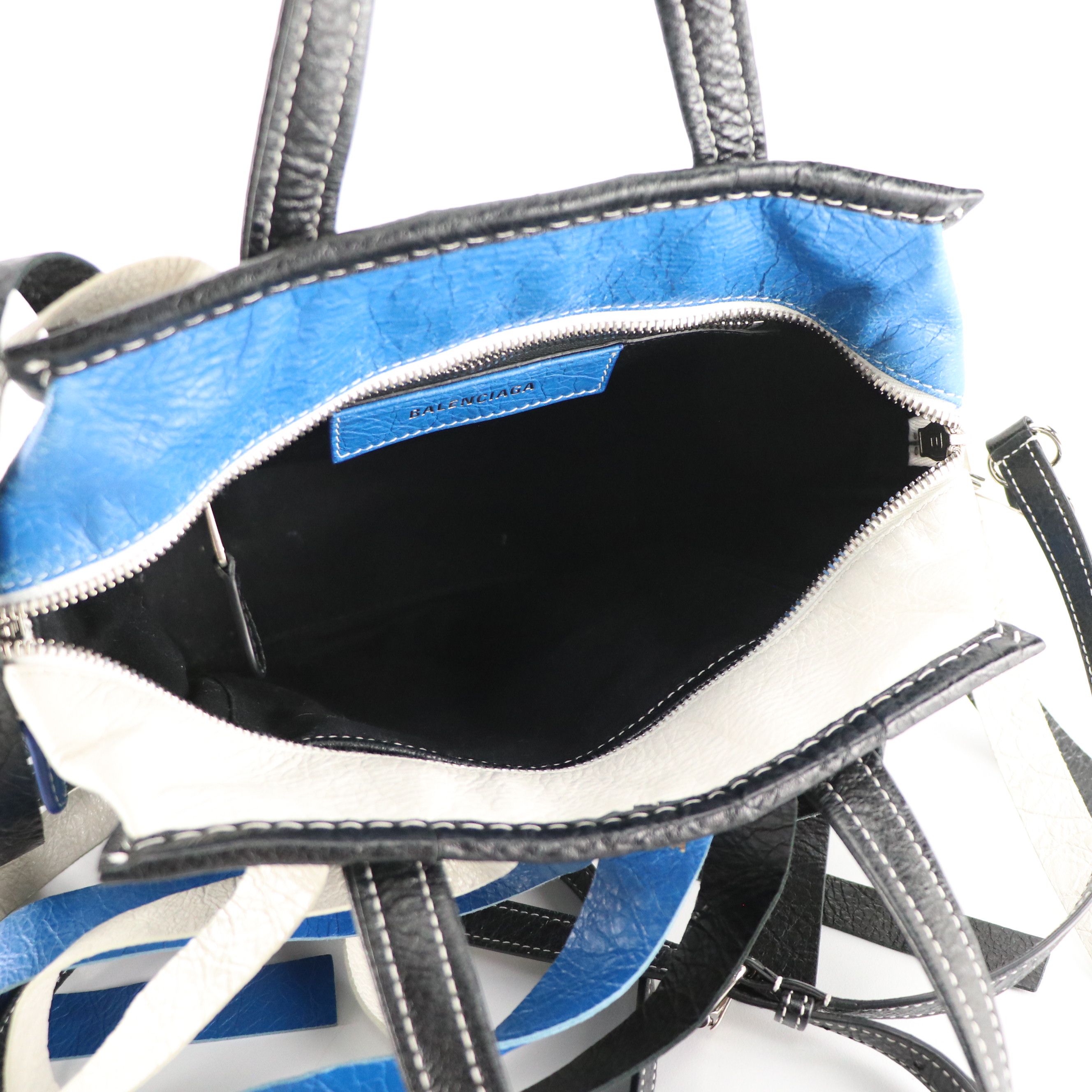 Balenciaga Bazar Fringe Two-Way Tote in Blue, Black & White Distressed Goatskin