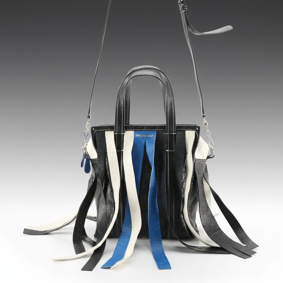 Balenciaga Bazar Fringe Two-Way Tote in Blue, Black & White Distressed Goatskin