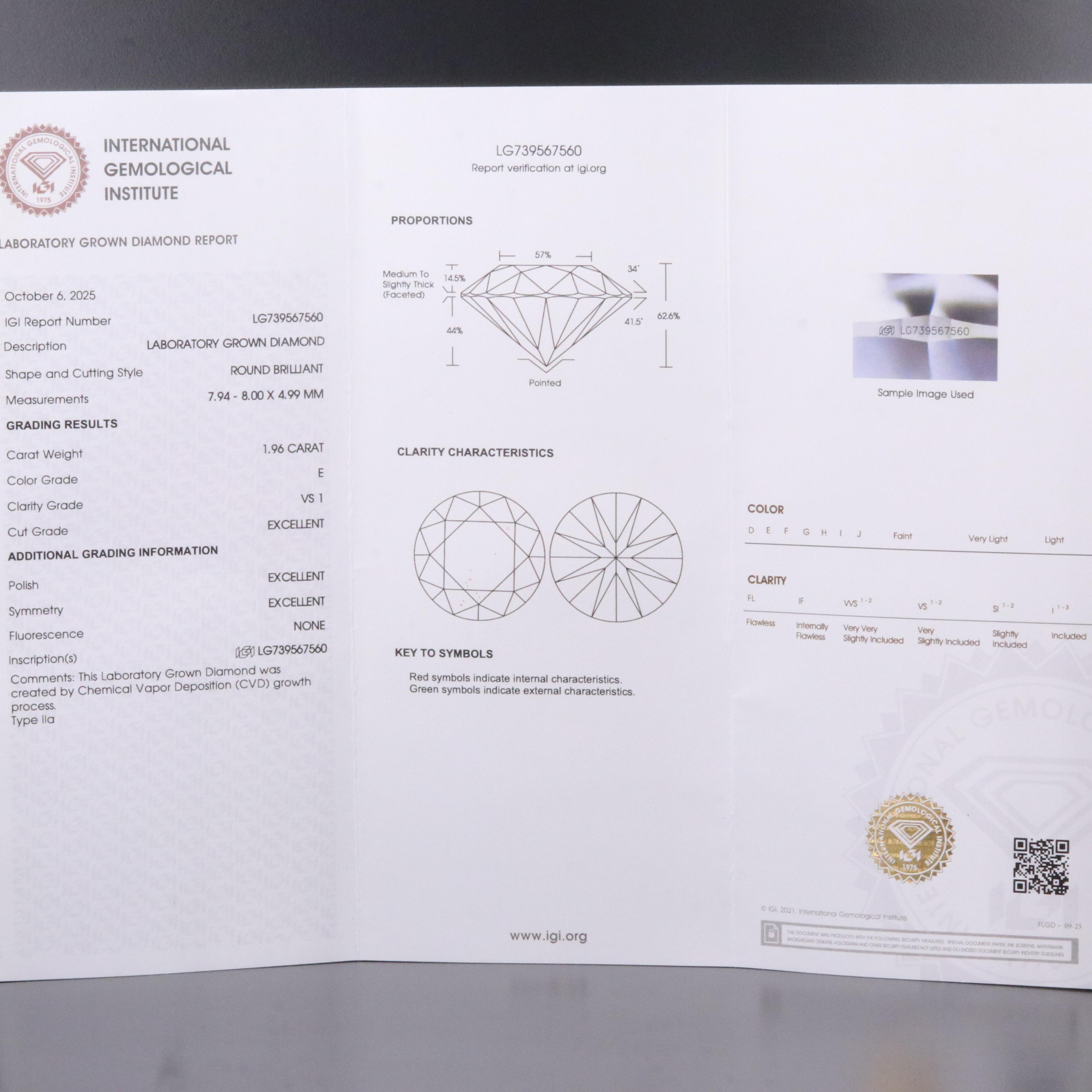 Loose 1.96 CT Lab Grown Diamond with IGI Report