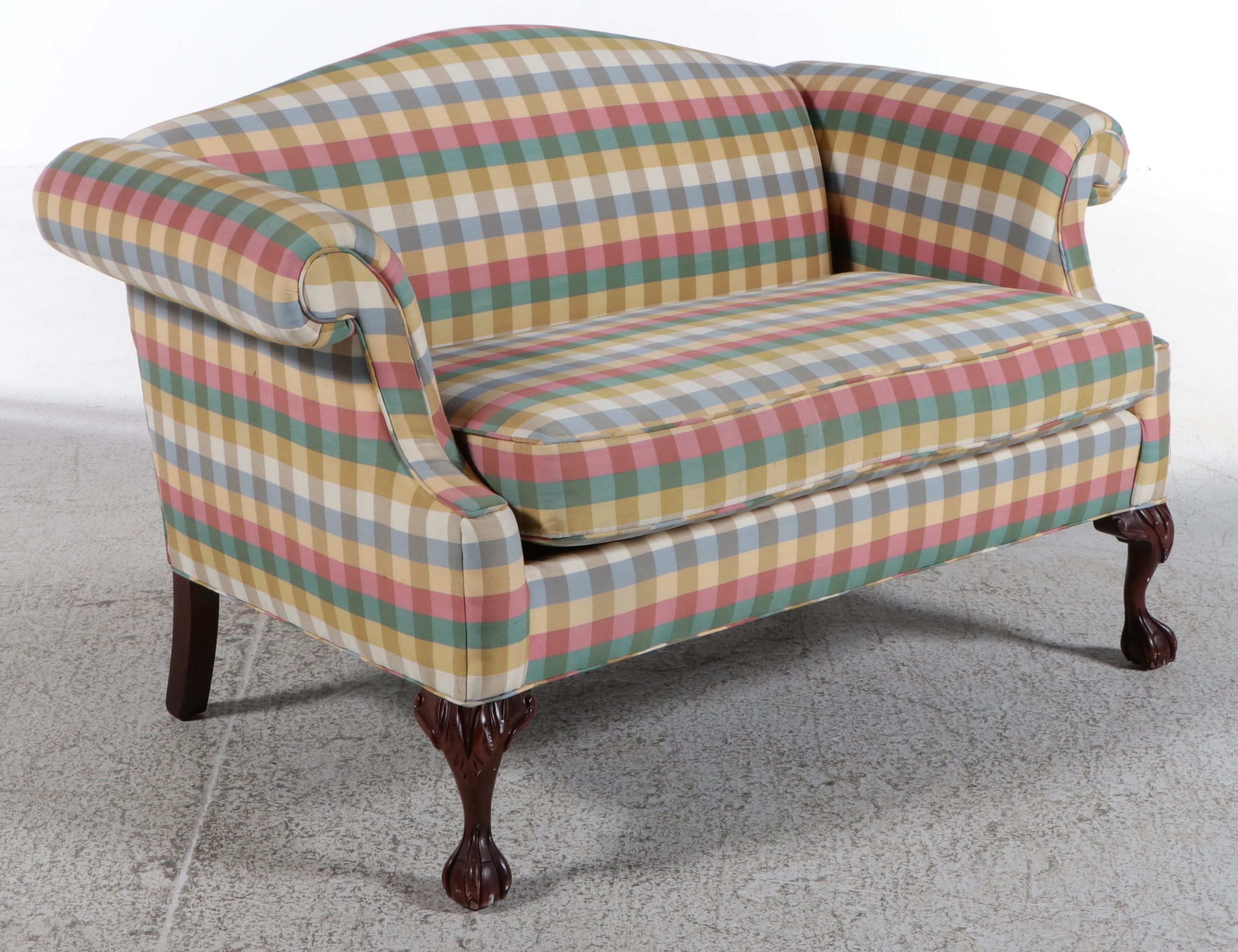 Hunt Galleries Chippendale Style Plaid Upholstered Settee