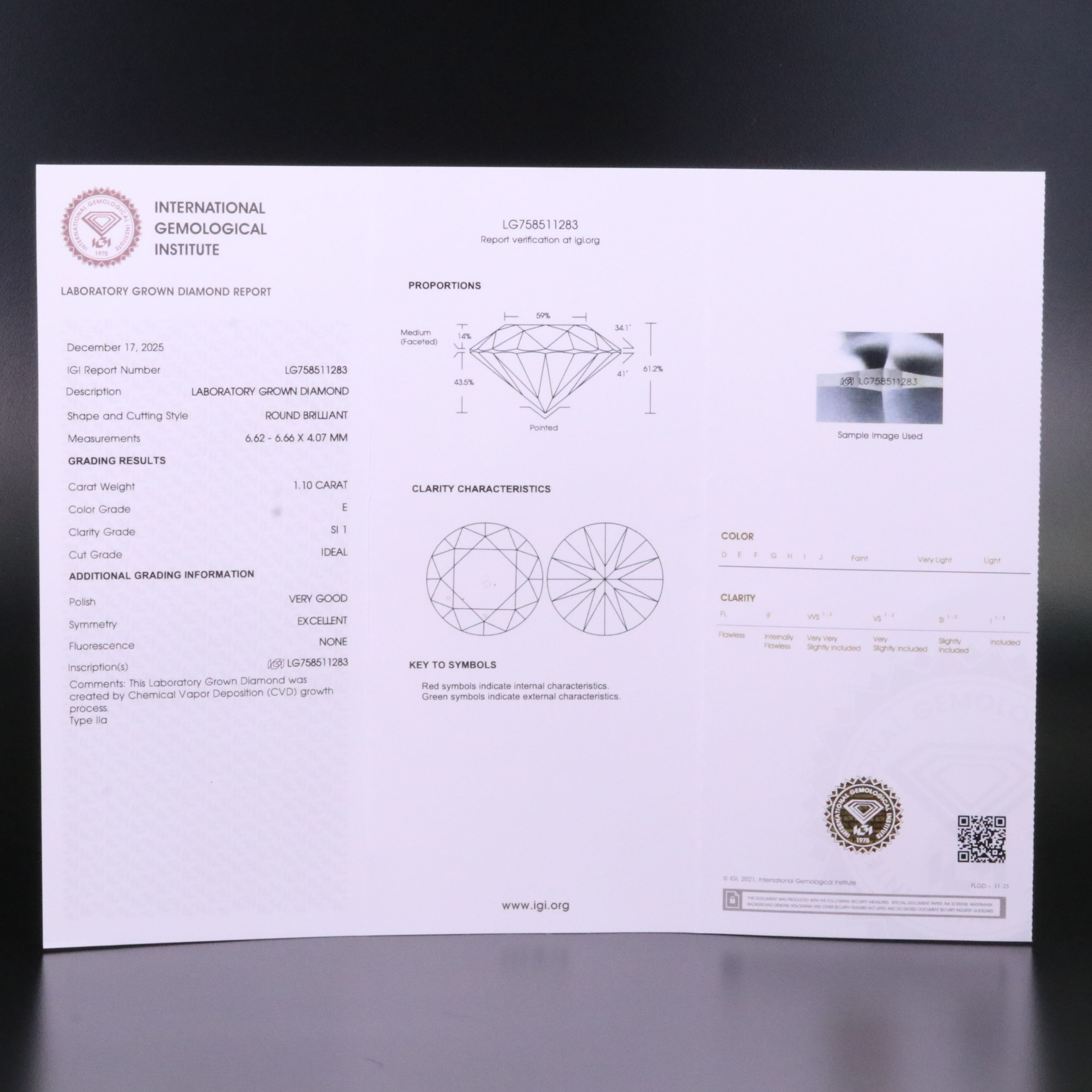 Loose 1.10 CT Lab Grown Diamond with IGI Report