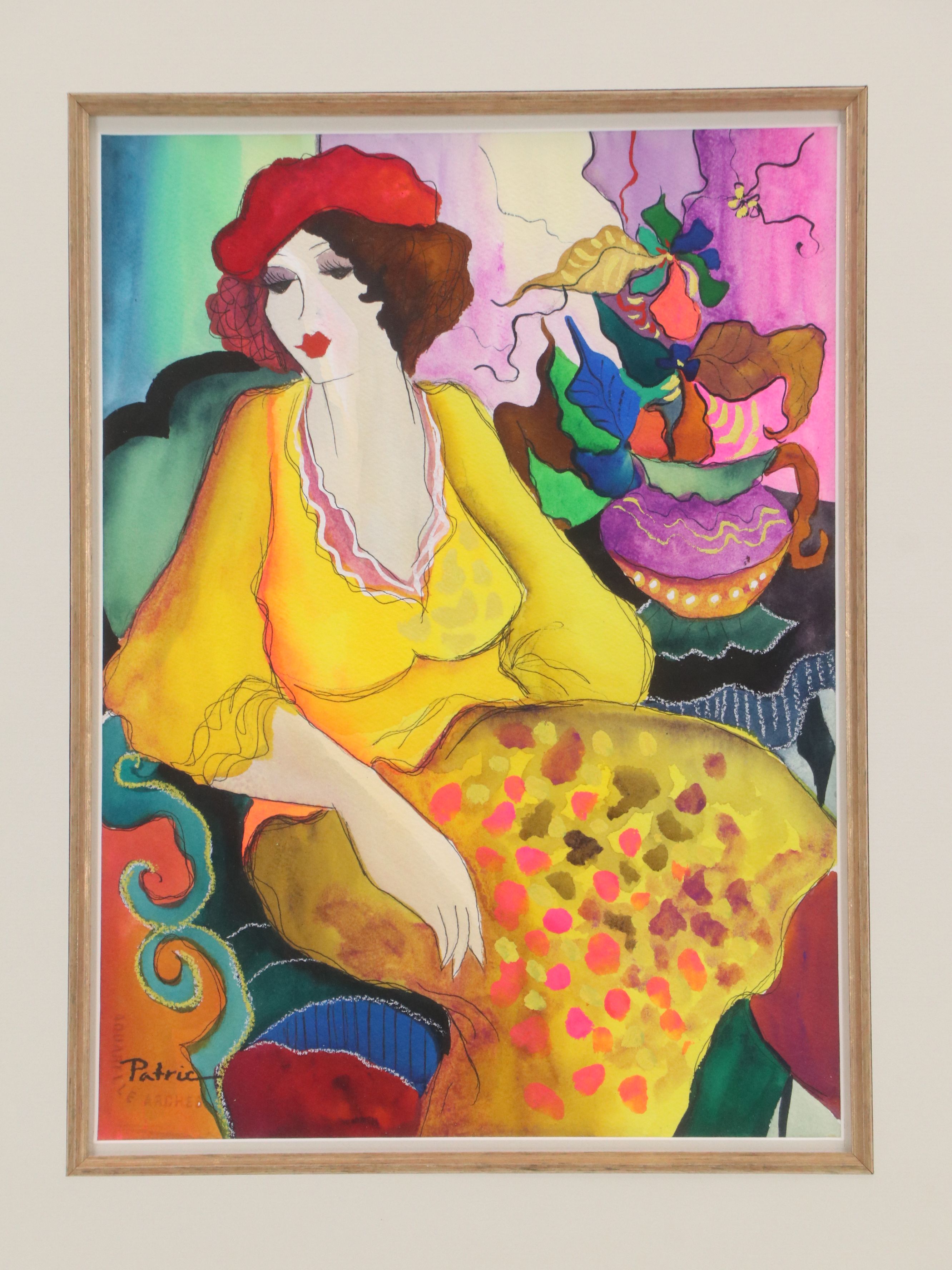 Patricia Govezensky Gouache Painting of Seated Figure