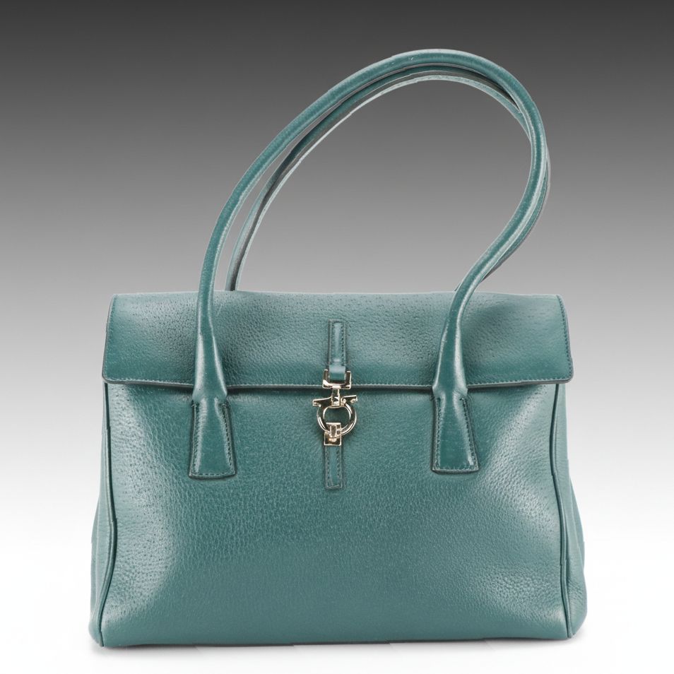 Salvatore Ferragamo Gancini Lock Flap Bag in Pine Green Pigskin Leather