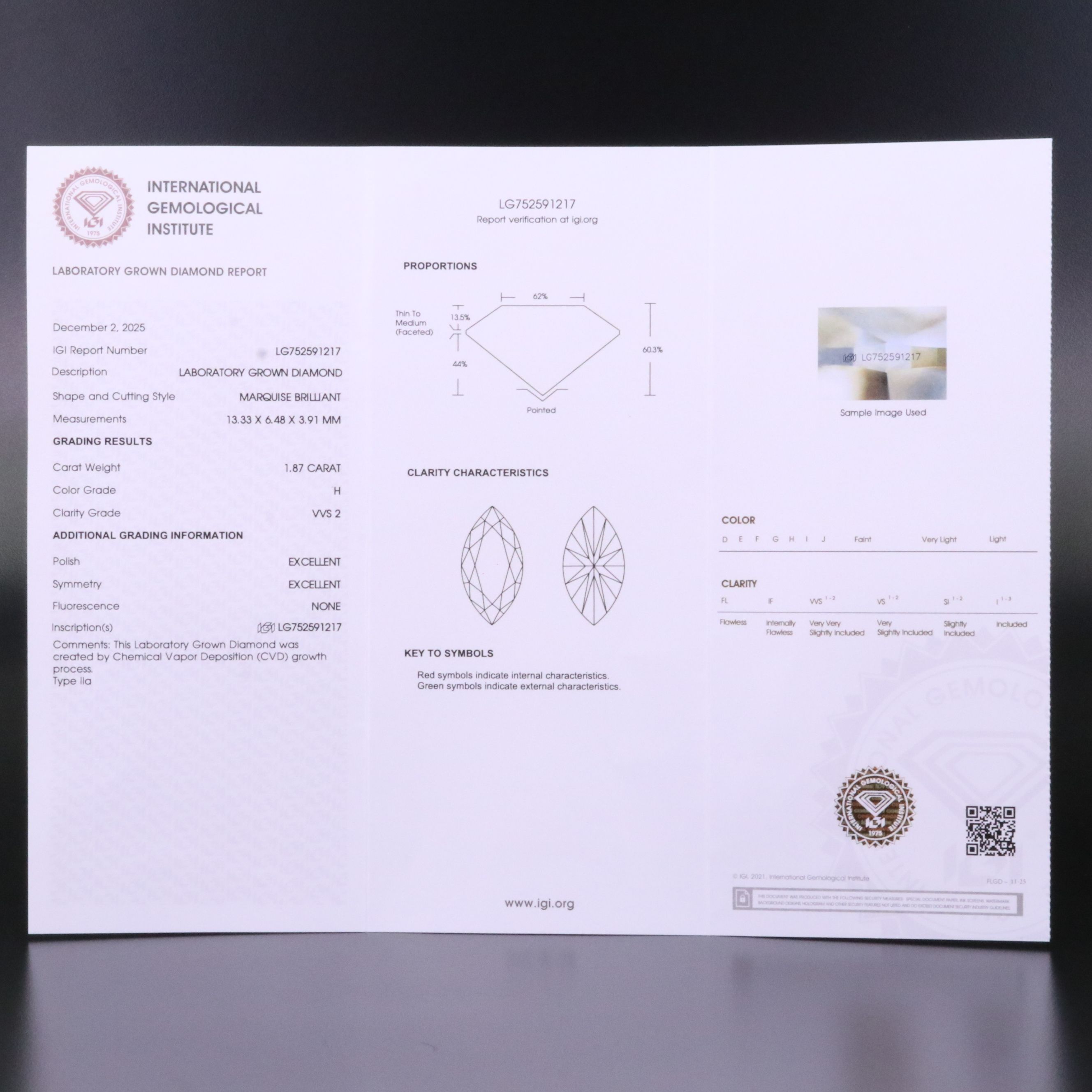 Loose 1.87 CT Lab Grown Diamond with IGI Report
