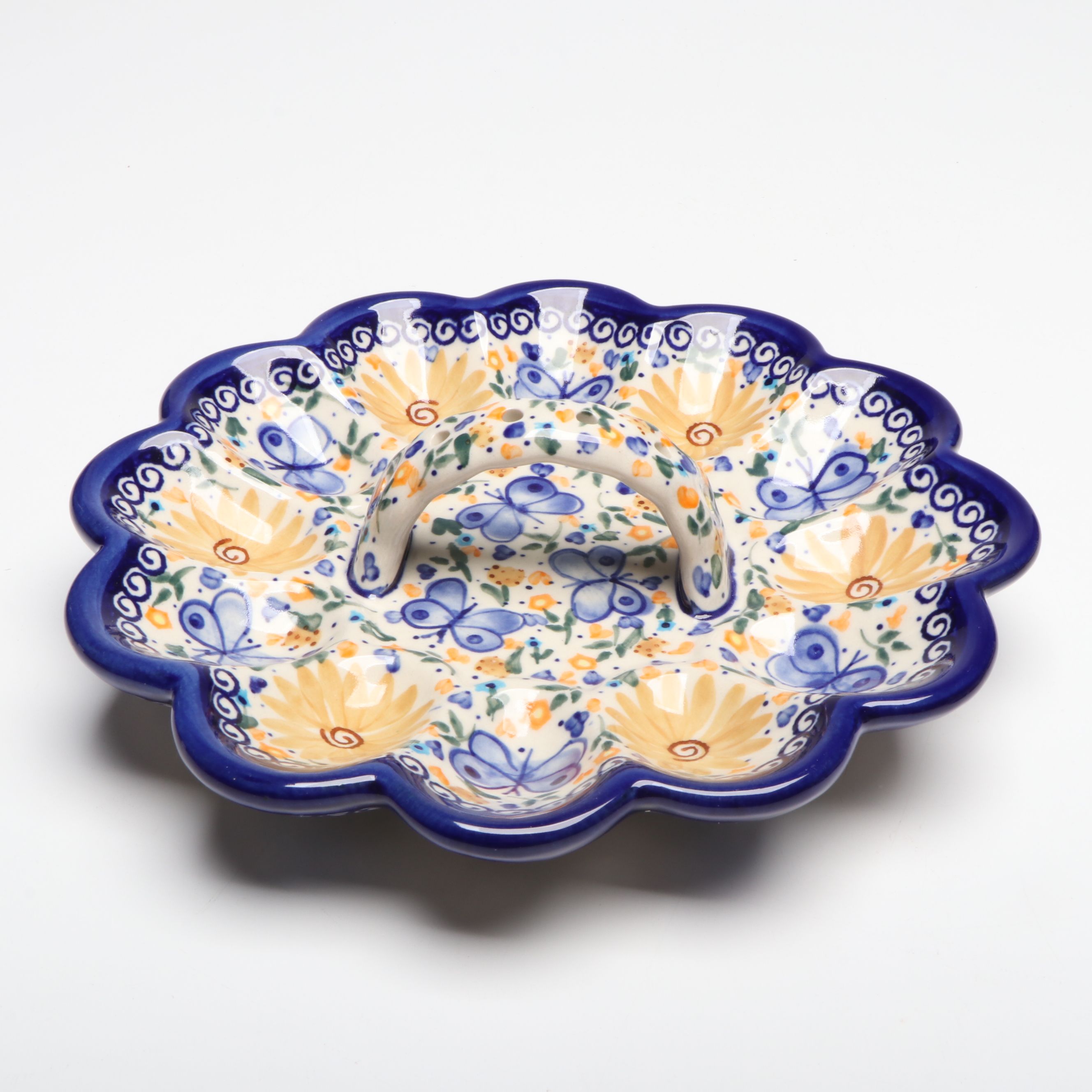 W.R. Unikat Egg Plate with Bolesławiec and Other Hand-Painted Polish Pottery