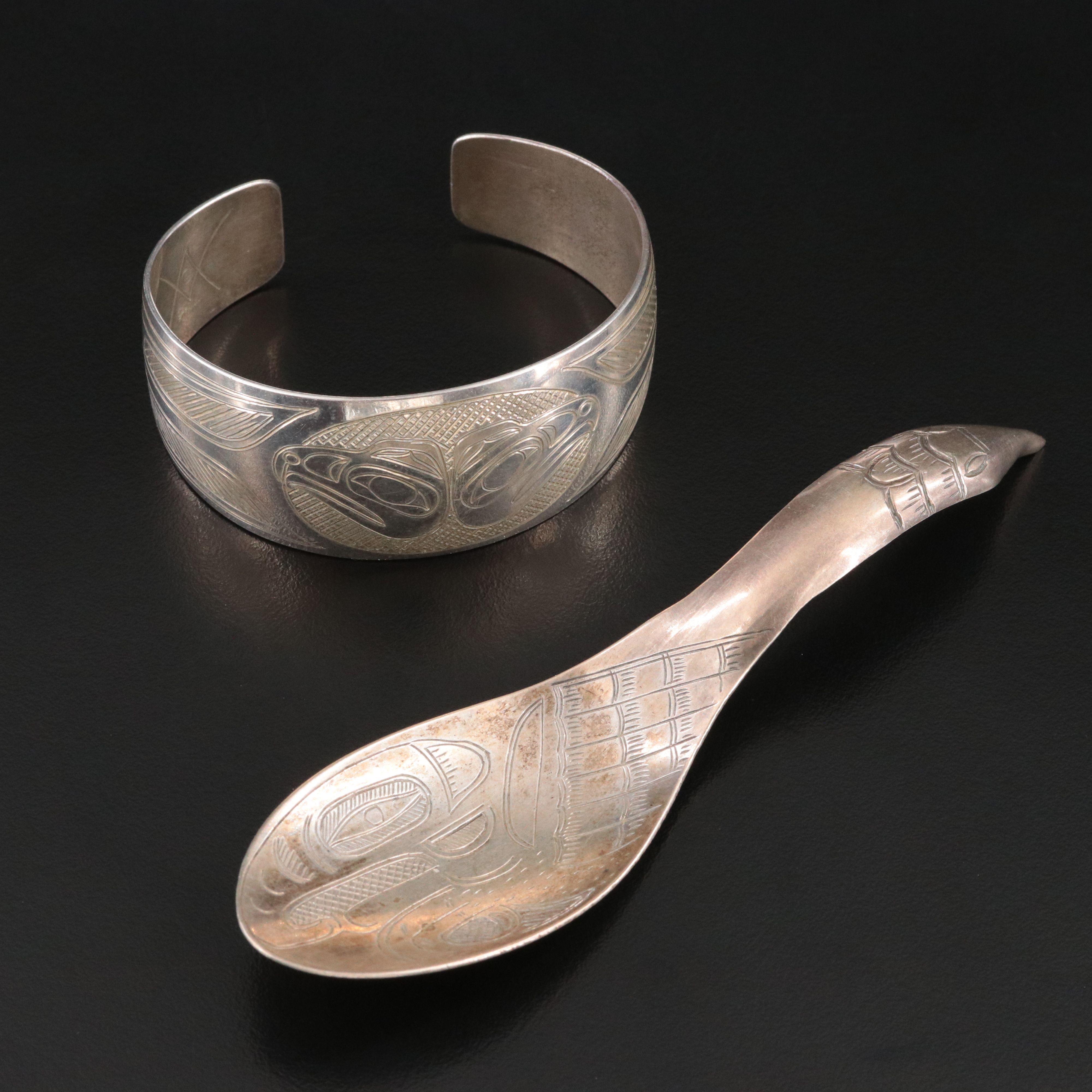 Pacific Northwestern Sterling Eagle Cuff and Engraved Spoon