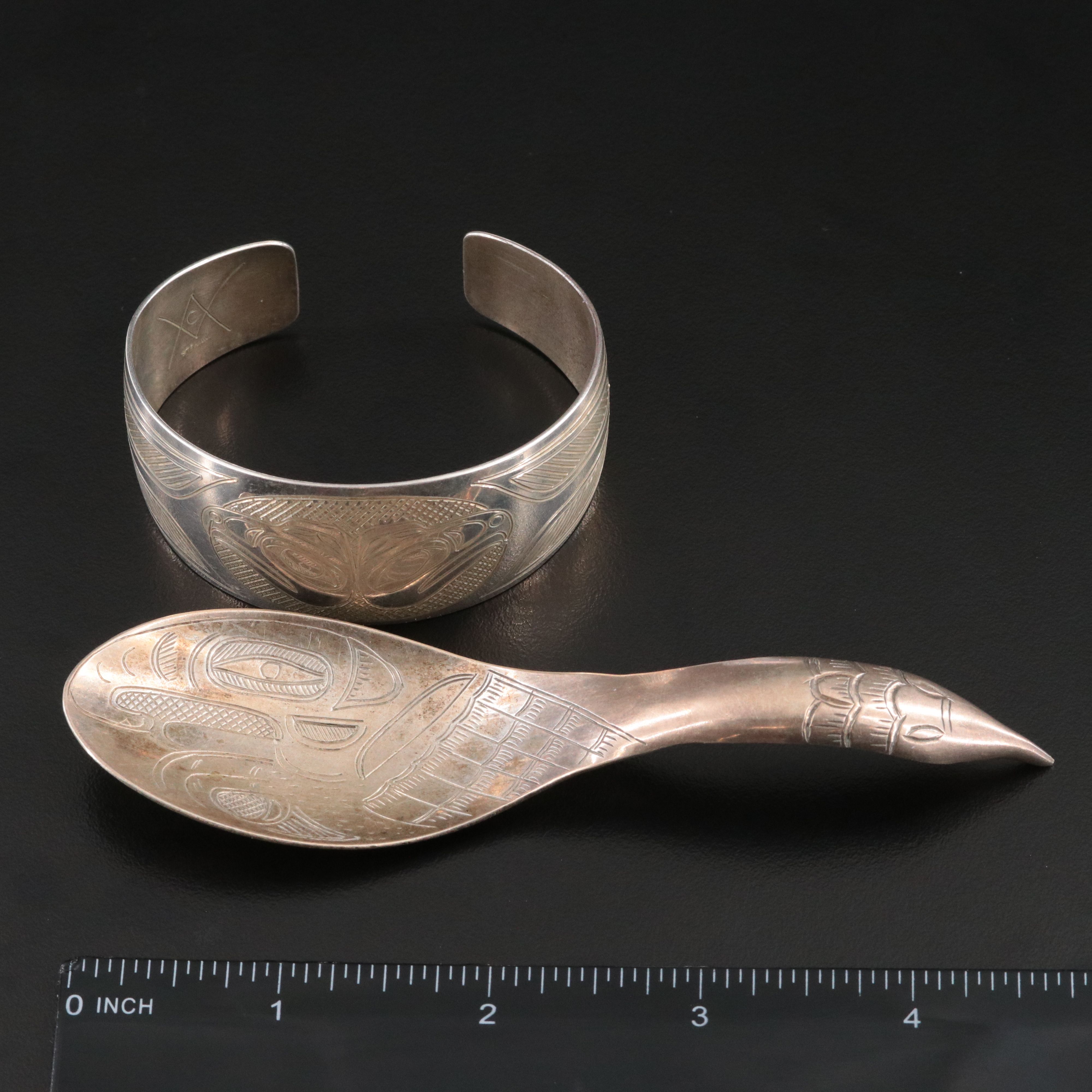 Pacific Northwestern Sterling Eagle Cuff and Engraved Spoon