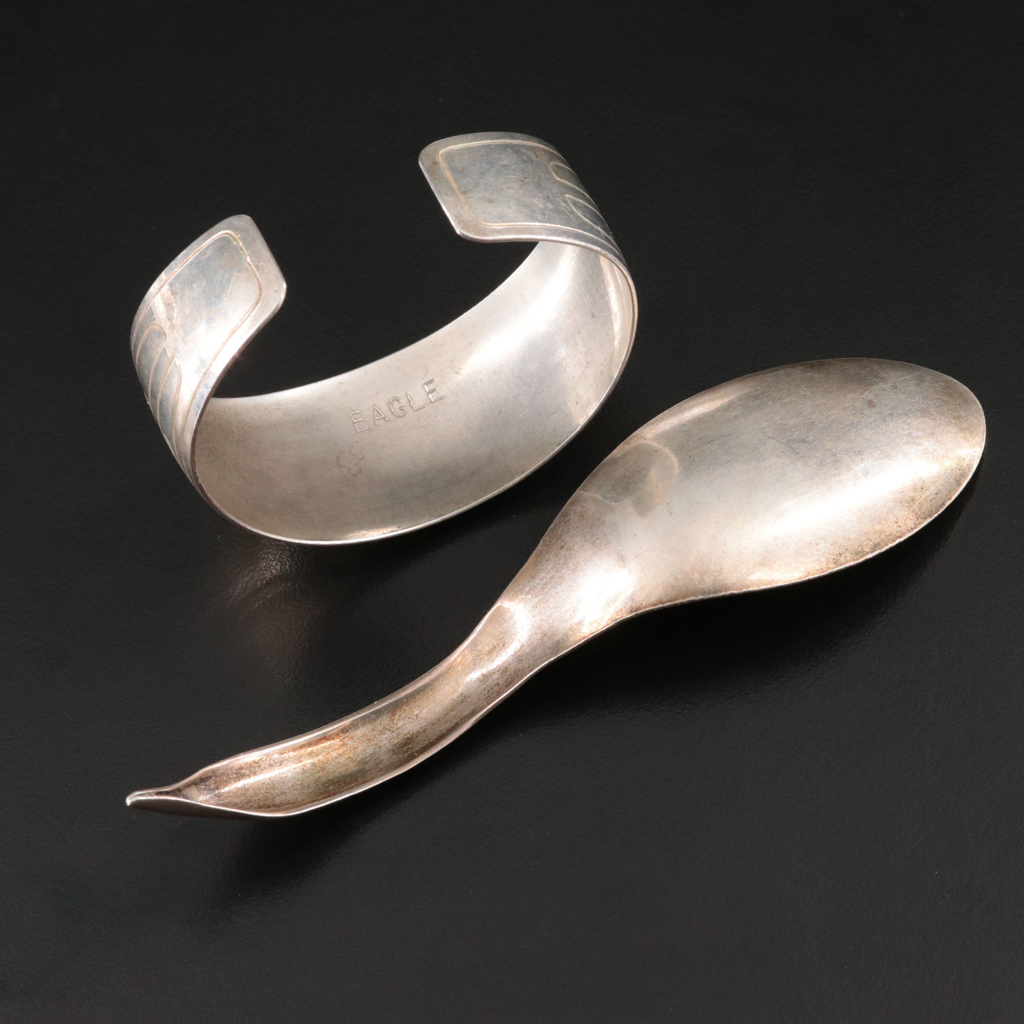 Pacific Northwestern Sterling Eagle Cuff and Engraved Spoon