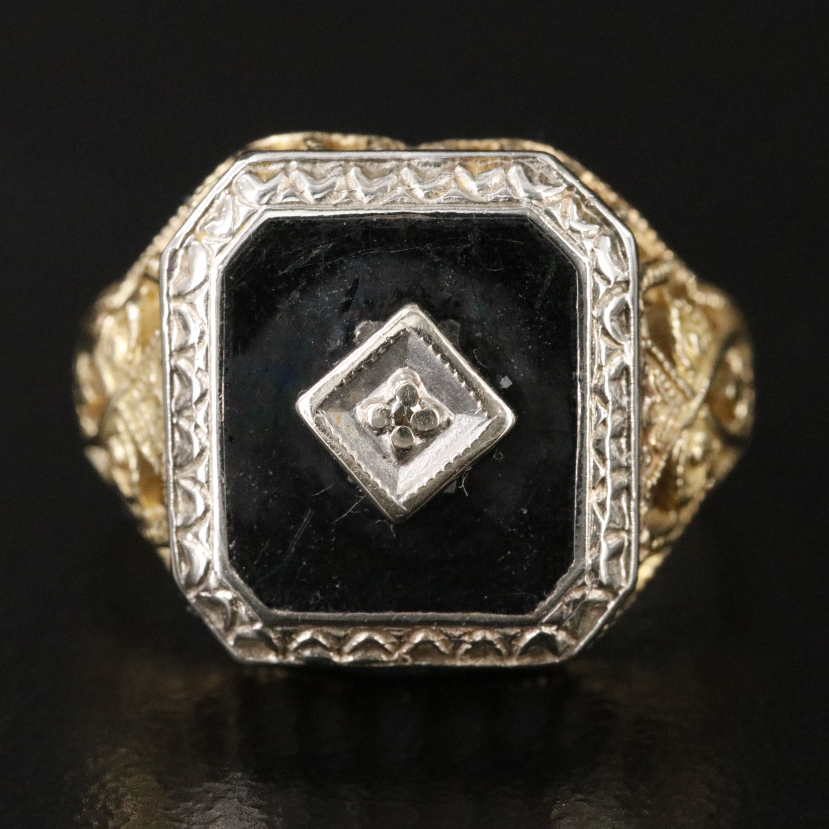 Vintage 10K Two-Tone Enamel and Diamond Accented Ring