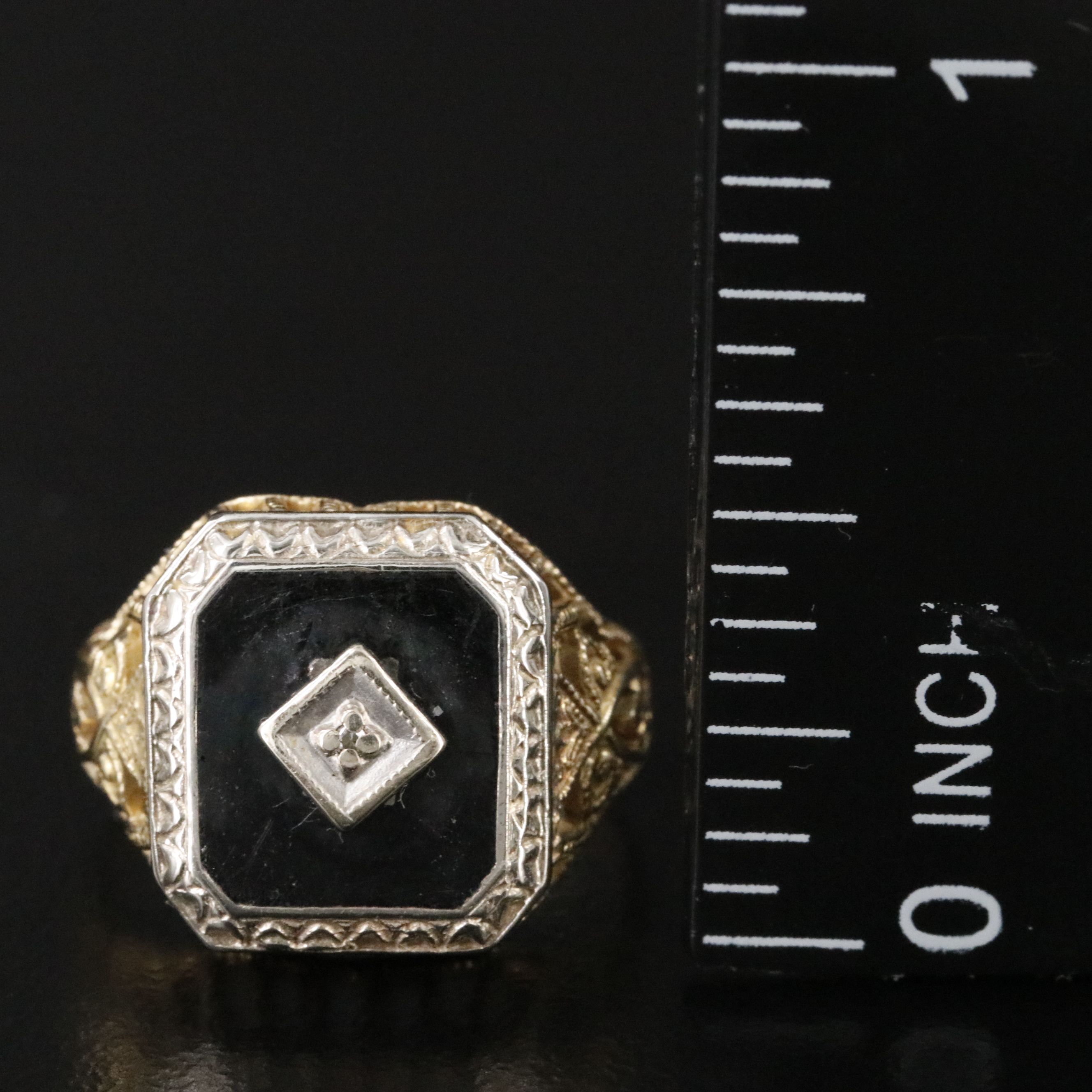 Vintage 10K Two-Tone Enamel and Diamond Accented Ring