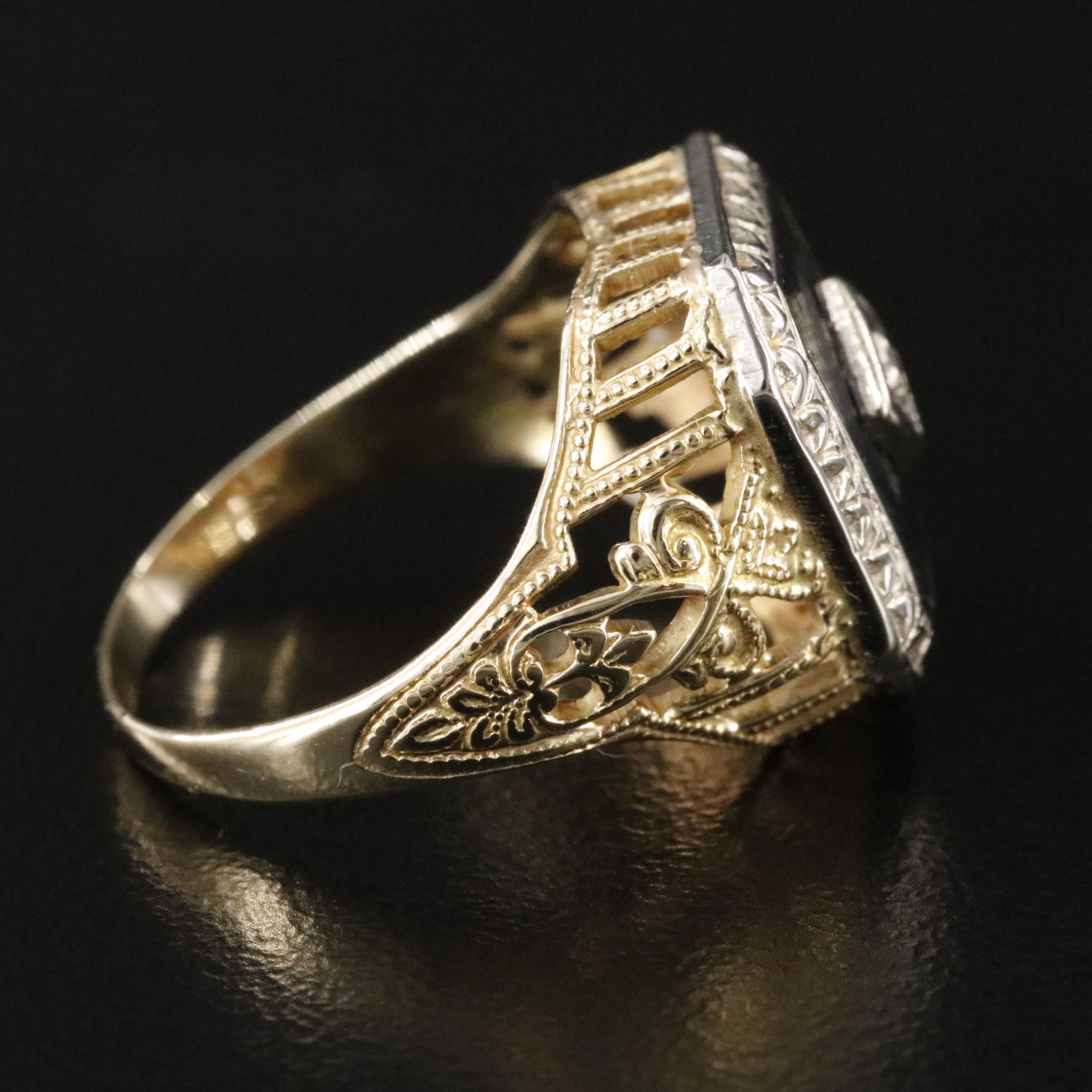 Vintage 10K Two-Tone Enamel and Diamond Accented Ring