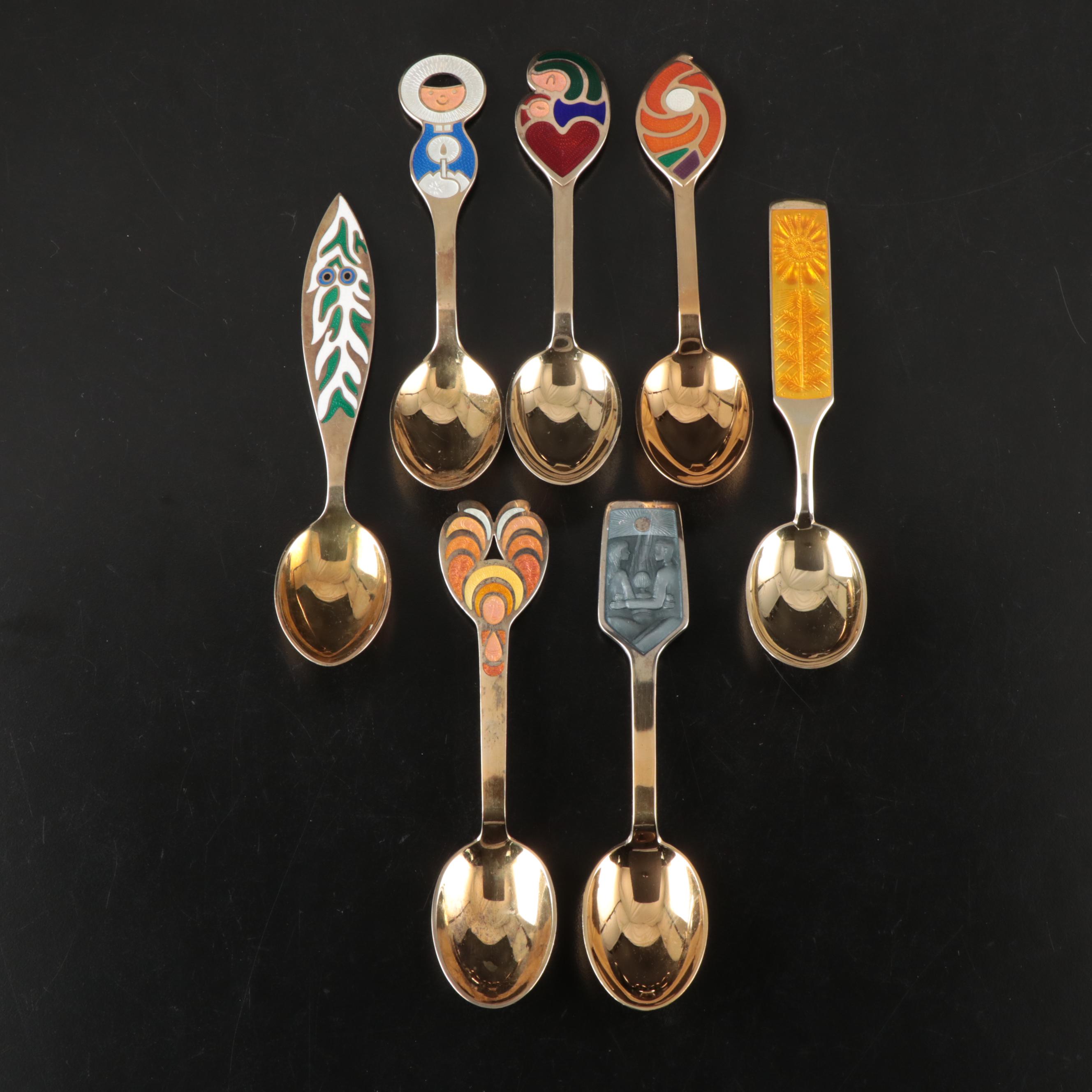 A. Michelsen Danish Christmas Gilded Sterling and Enamel Spoons, 1967-1973