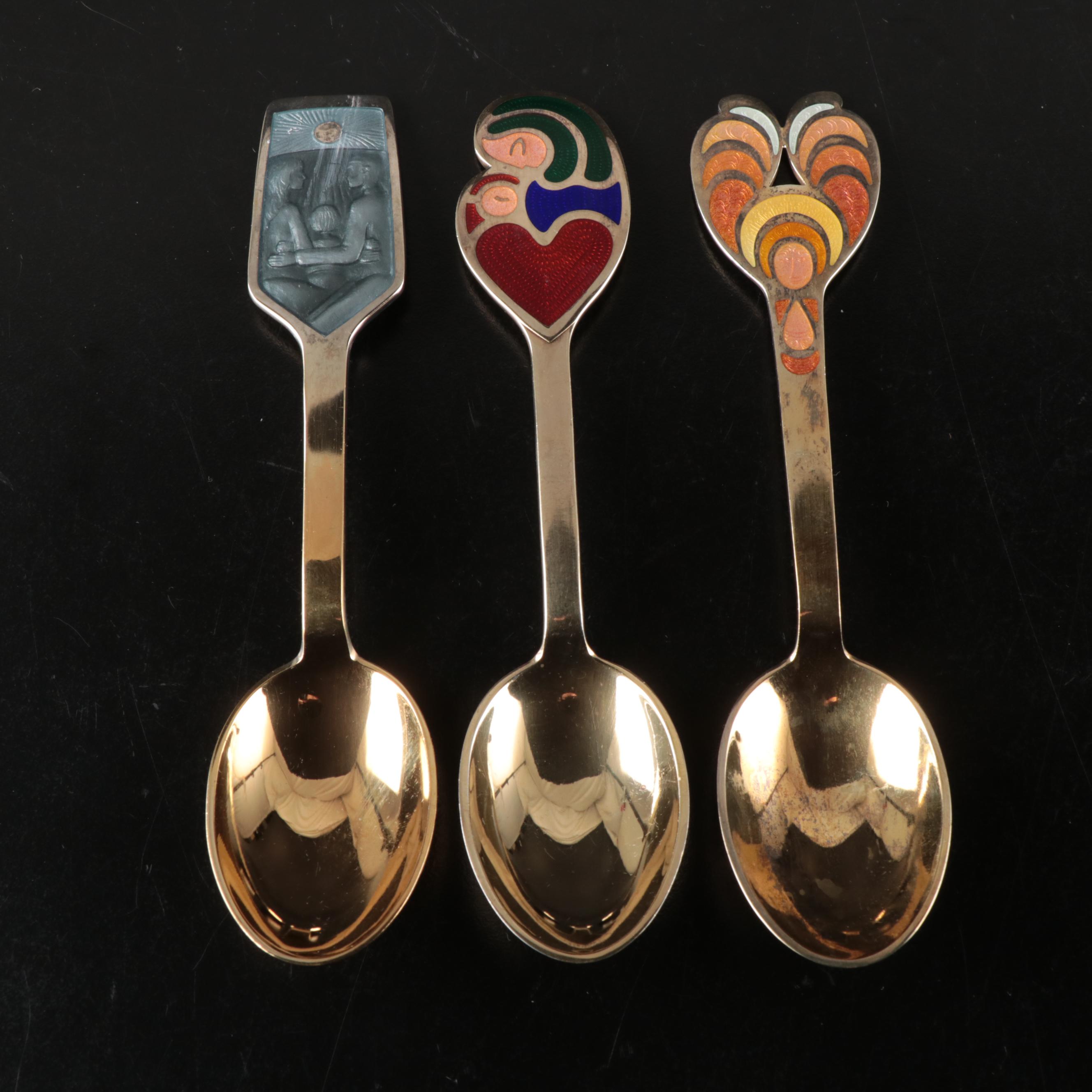 A. Michelsen Danish Christmas Gilded Sterling and Enamel Spoons, 1967-1973