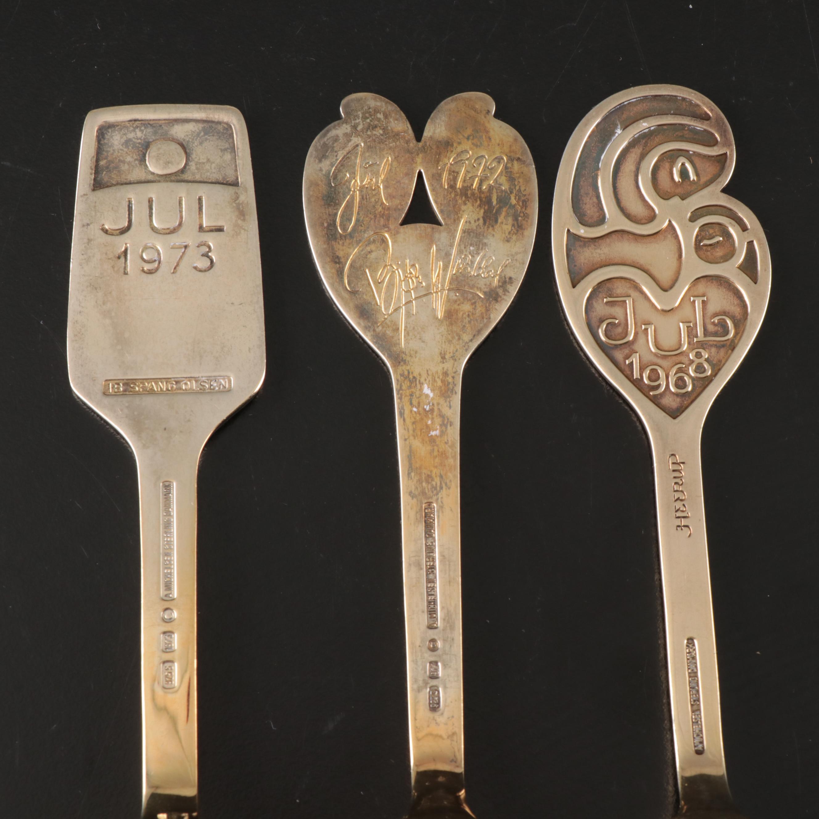 A. Michelsen Danish Christmas Gilded Sterling and Enamel Spoons, 1967-1973