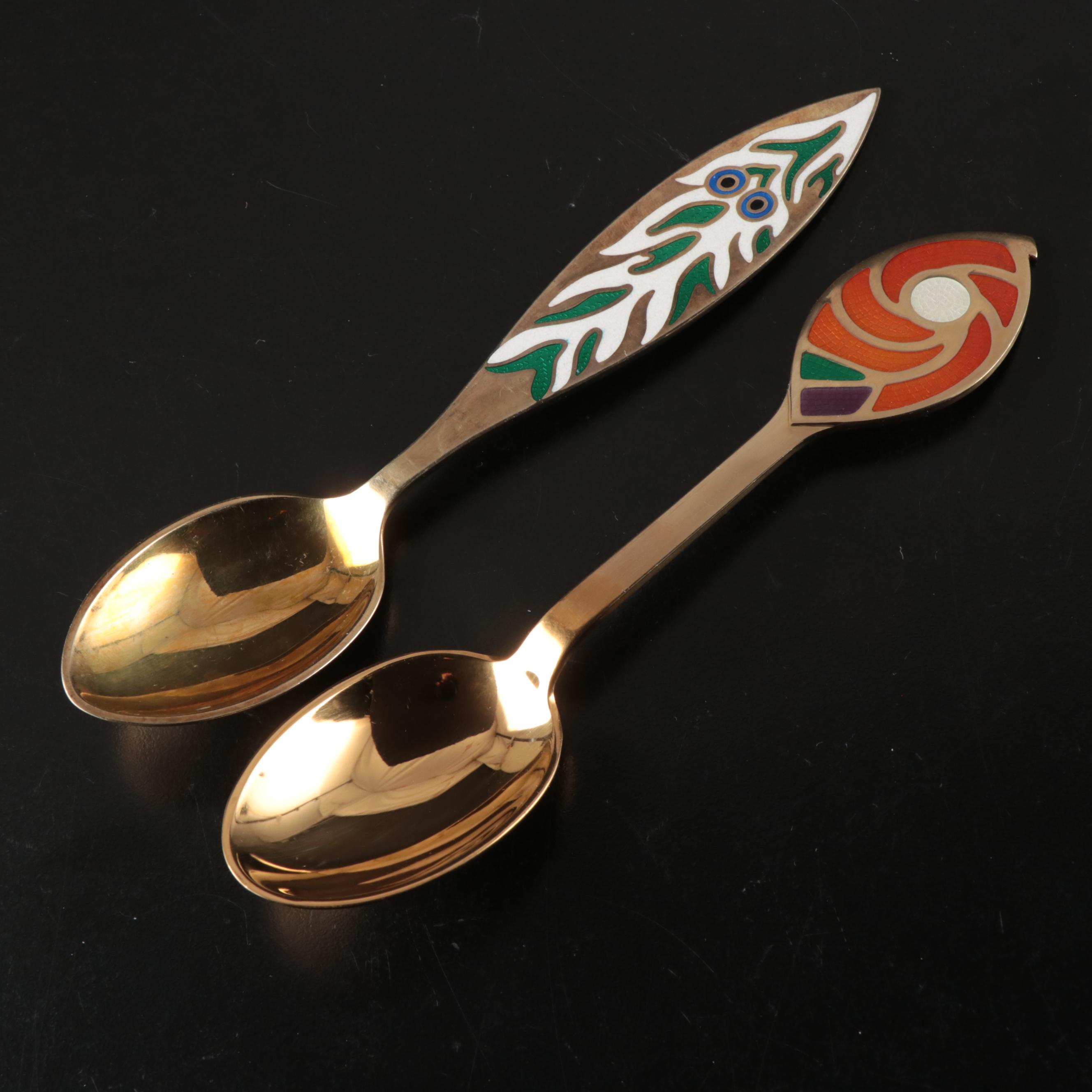 A. Michelsen Danish Christmas Gilded Sterling and Enamel Spoons, 1967-1973