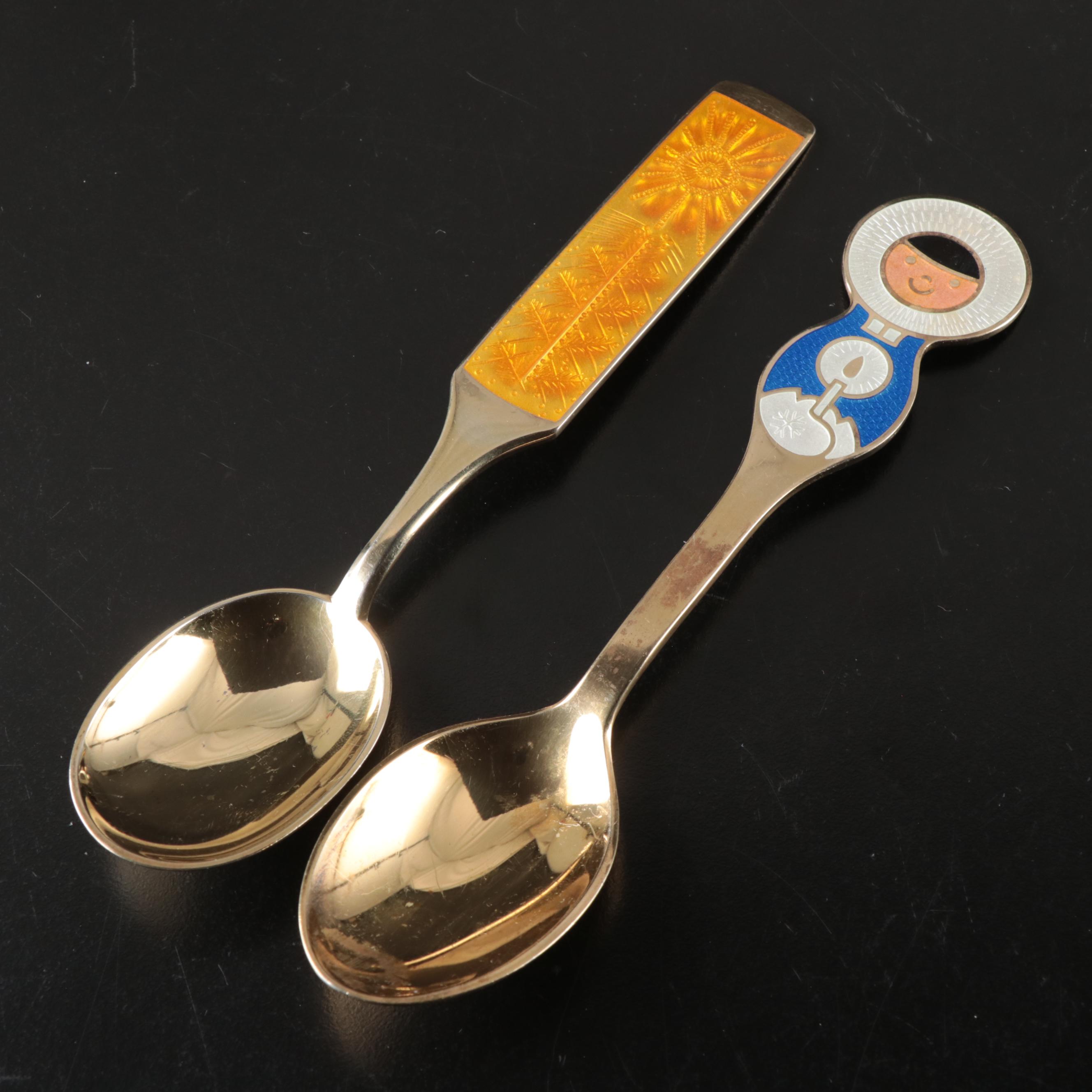 A. Michelsen Danish Christmas Gilded Sterling and Enamel Spoons, 1967-1973