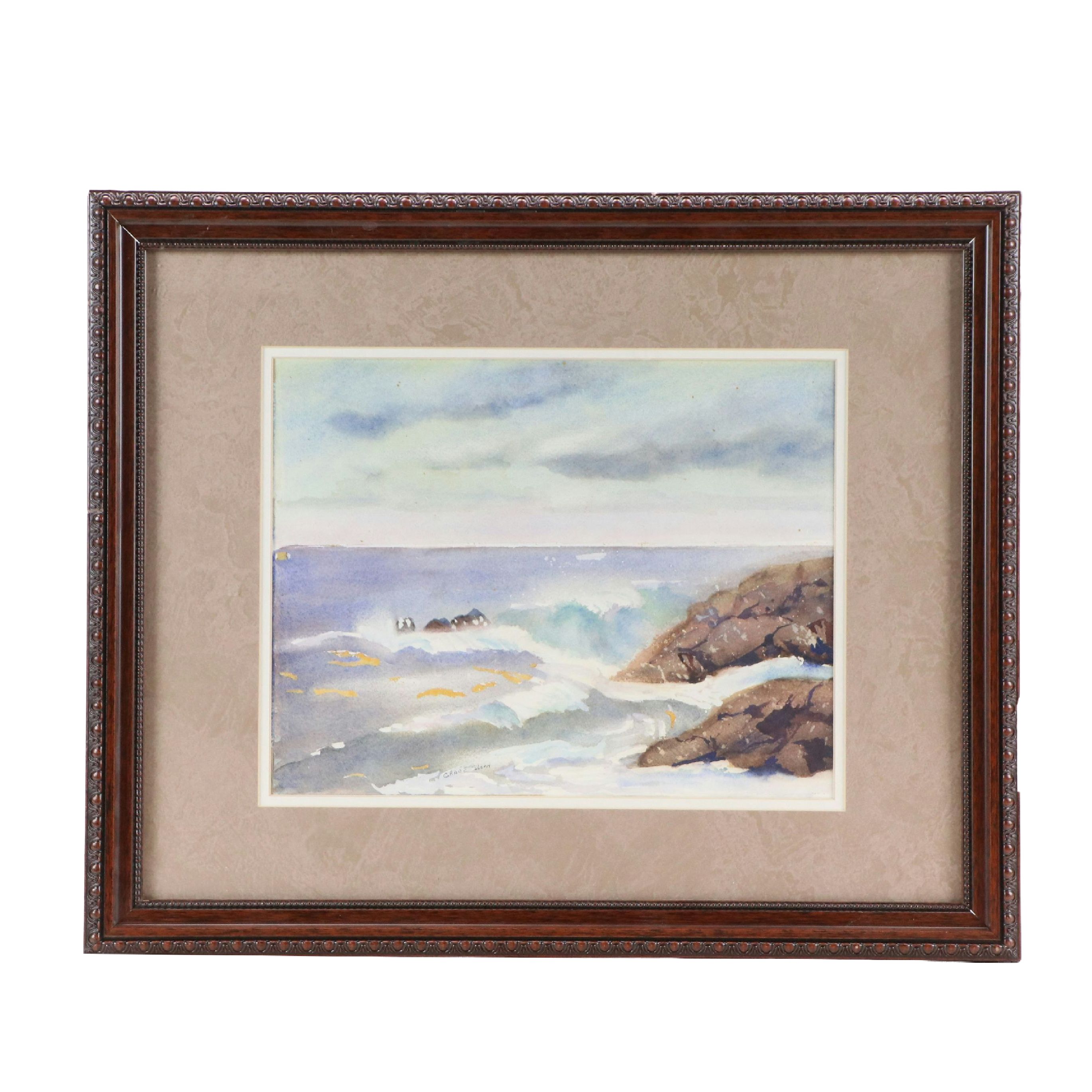 Grace Sloan Watercolor Painting of Crashing Waves, Late 20th Century