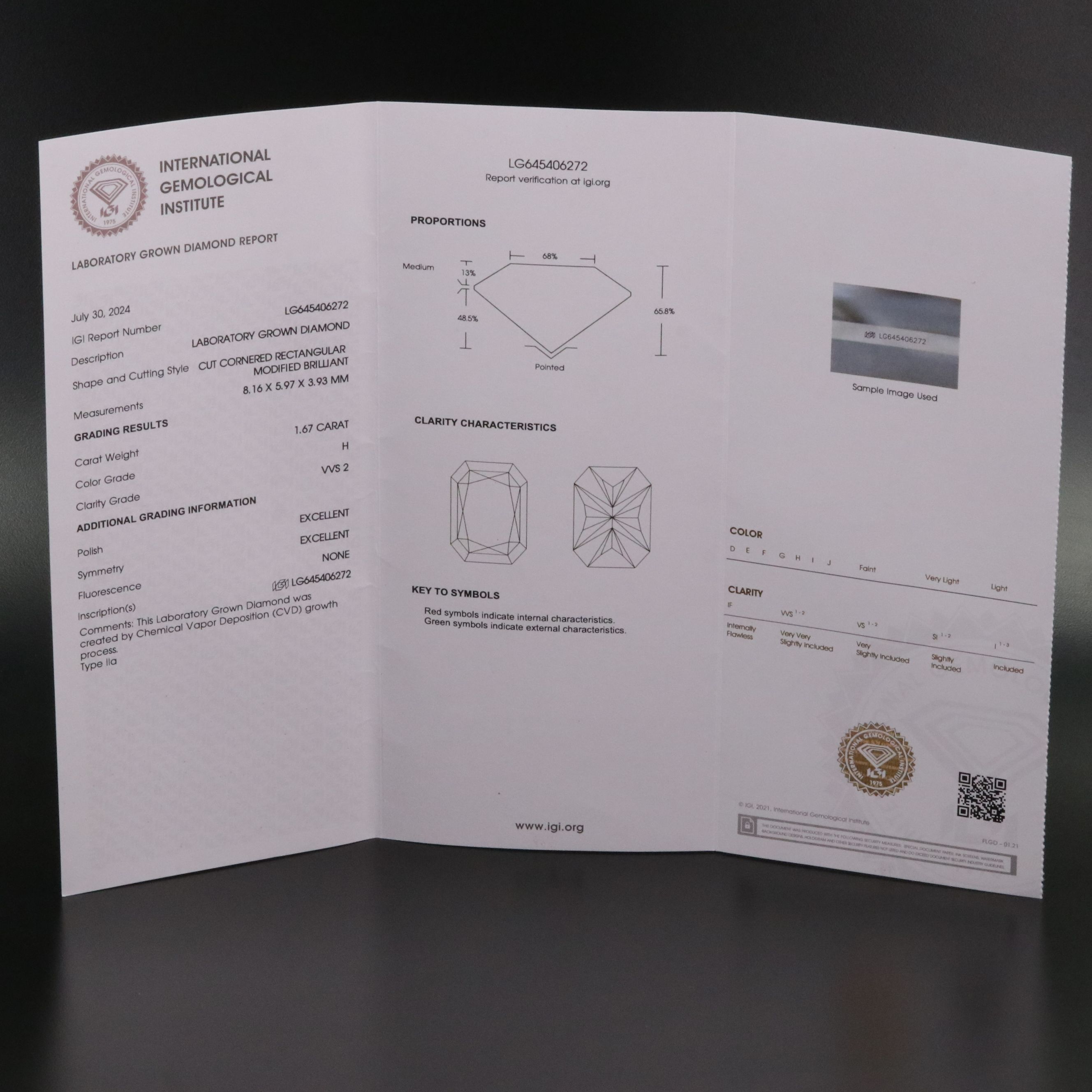 Loose 1.67 CT Lab Grown Diamond with IGI Report