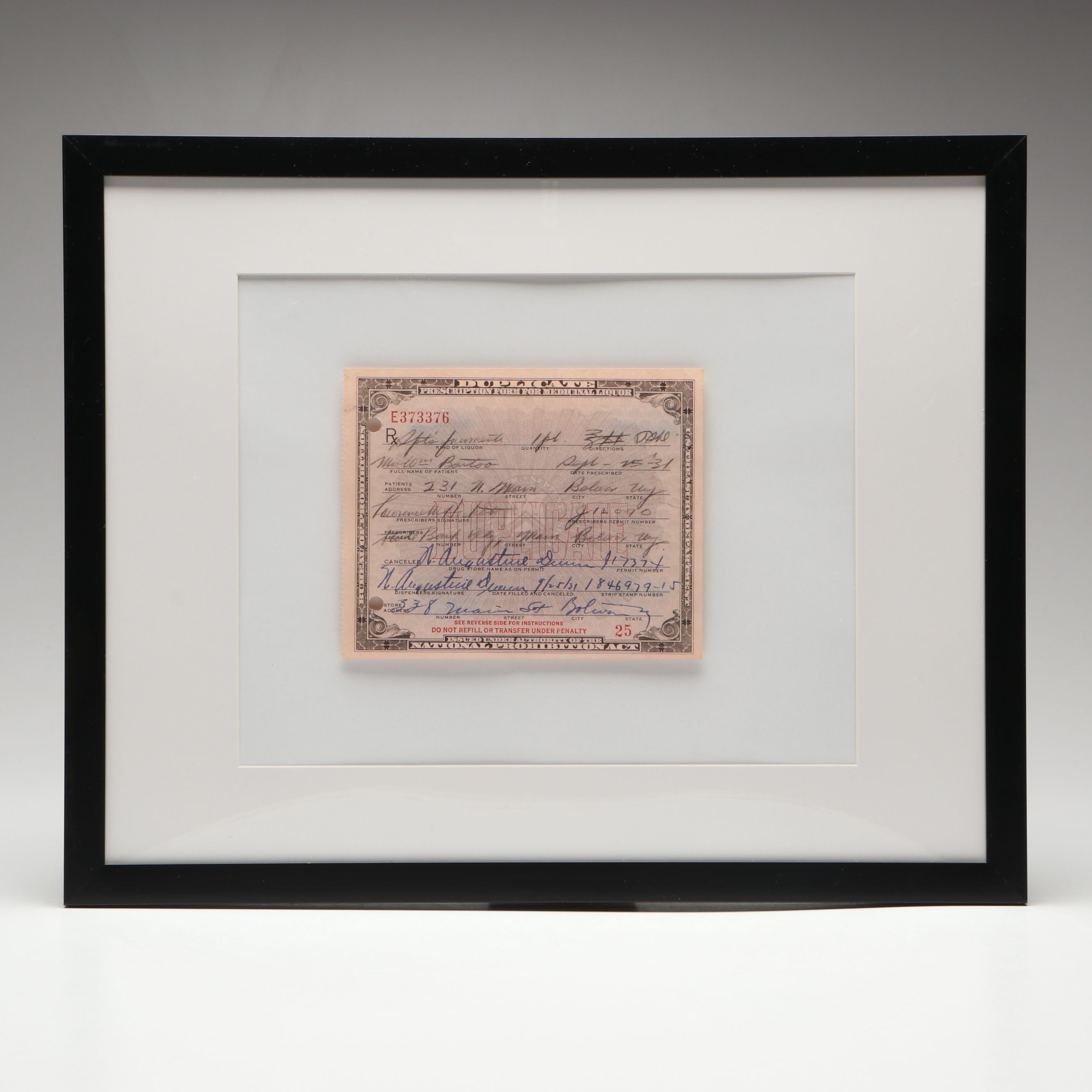 Prohibition Prescription Form for Alcohol, 1931