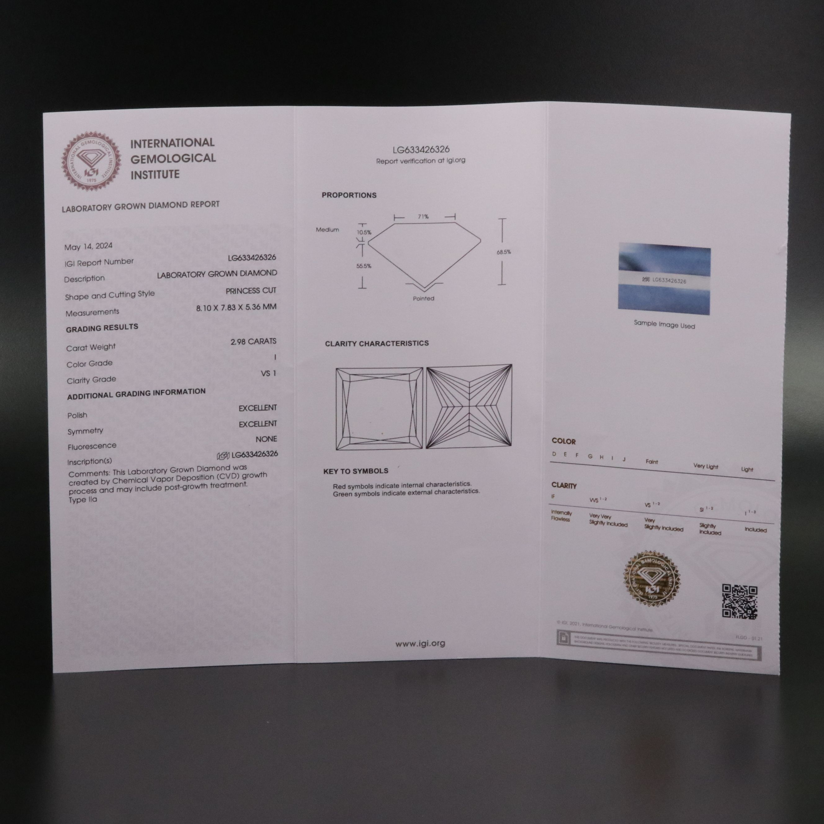 Loose 2.98 CT Lab Grown Diamond with IGI Report
