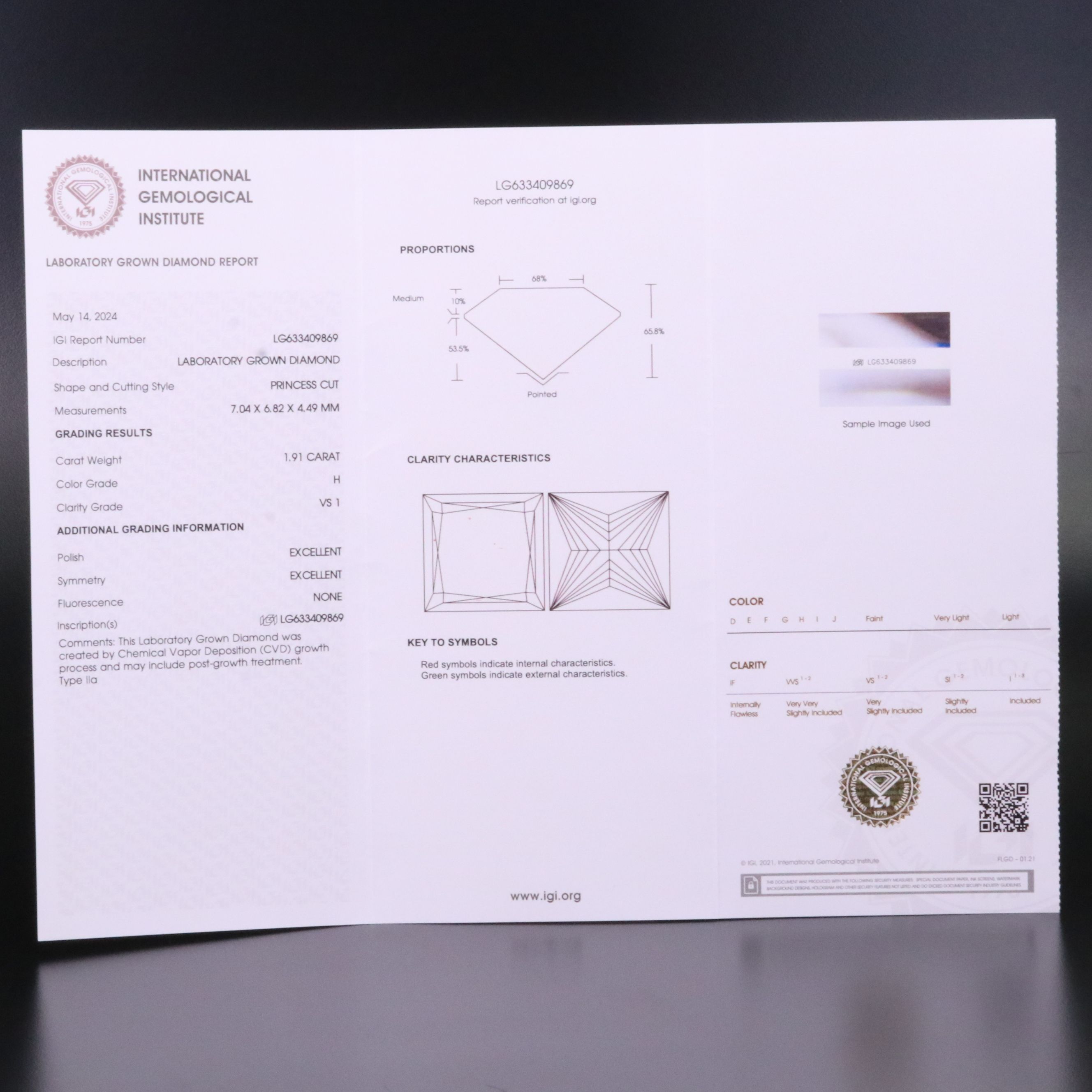 Loose 1.91 CT Lab Grown Diamond with IGI Report
