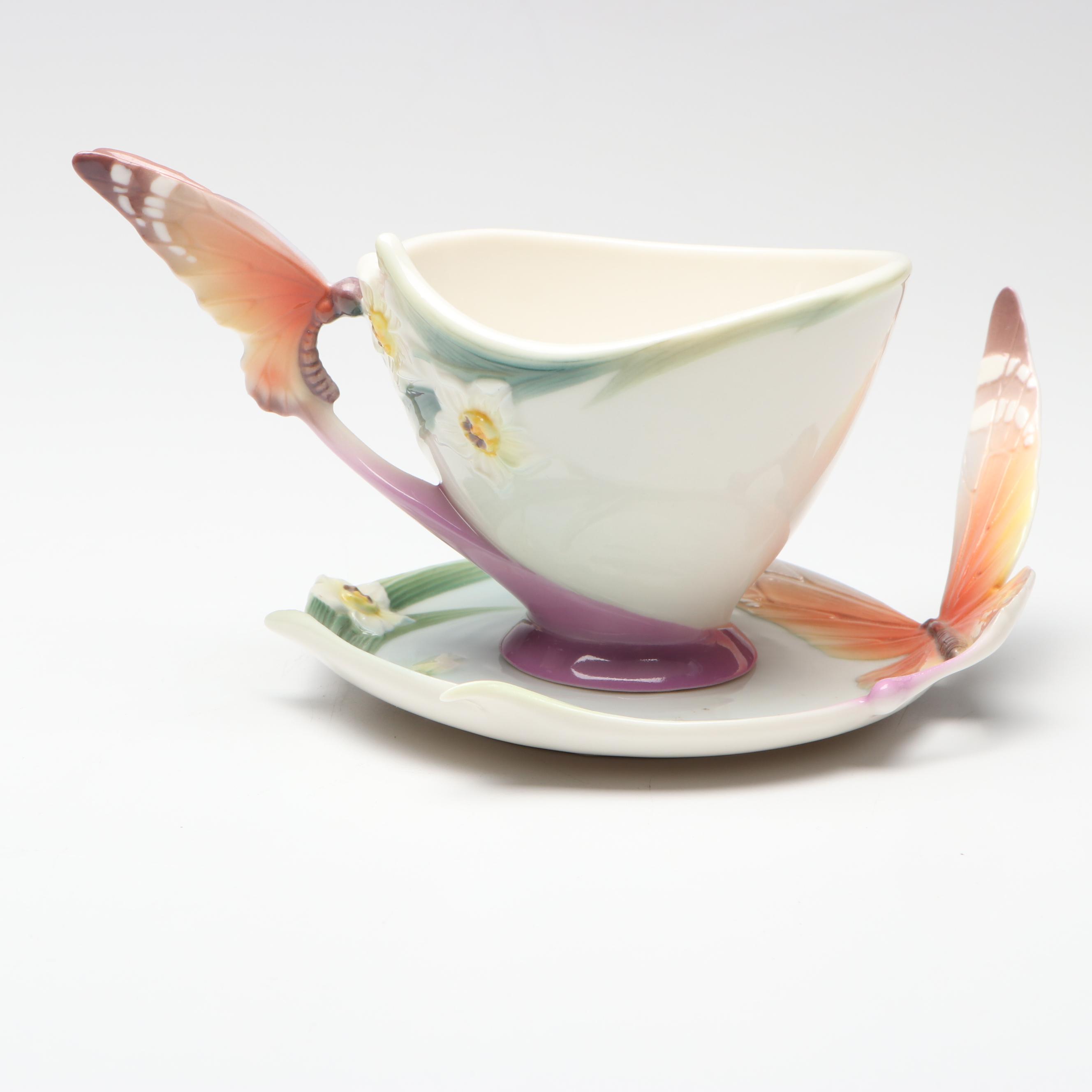 Franz Porcelain Butterfly Cup and Saucer with Art Nouveau Style Lily Vase
