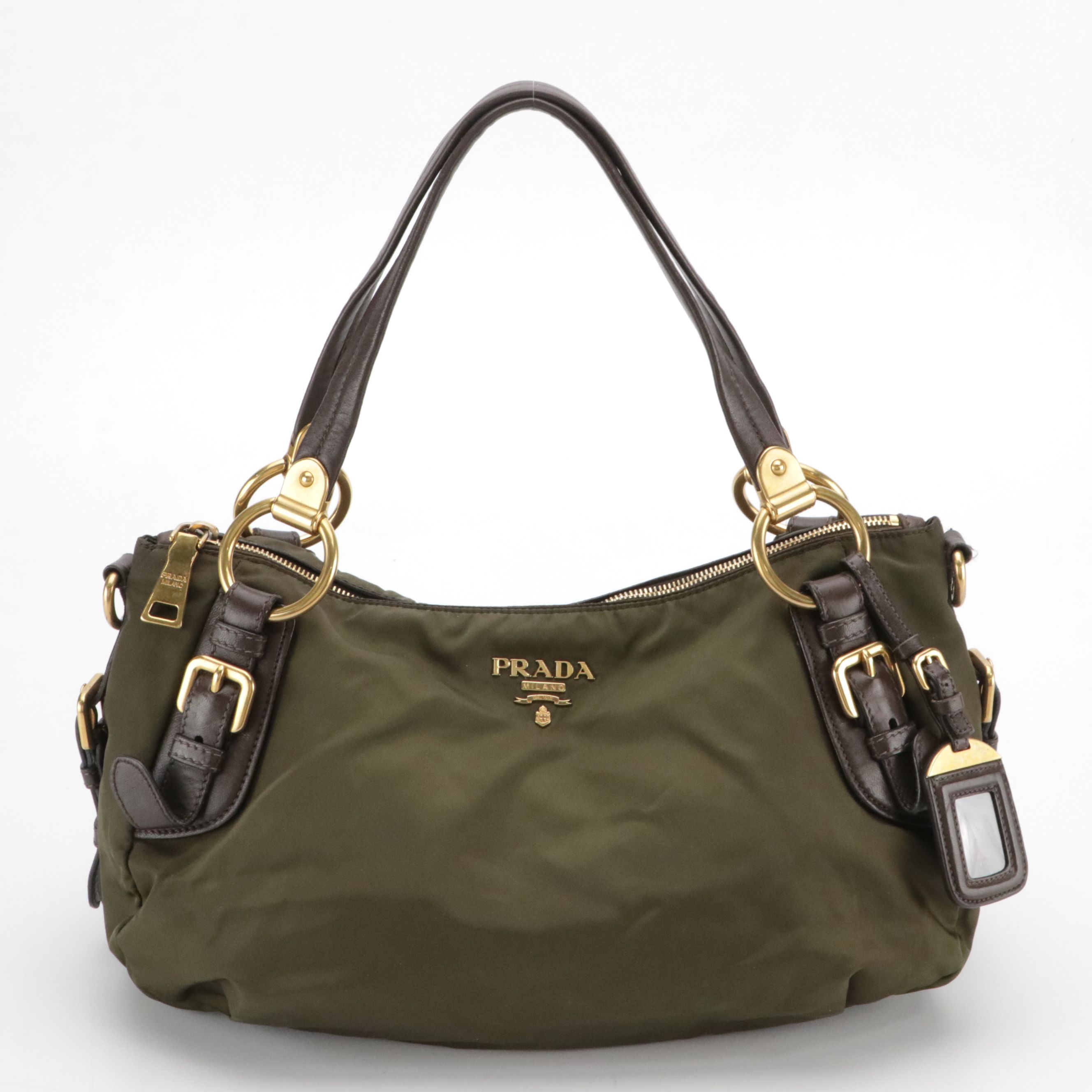 Prada Army Green Tessuto Nylon and Brown Calfskin Leather Boston Bag
