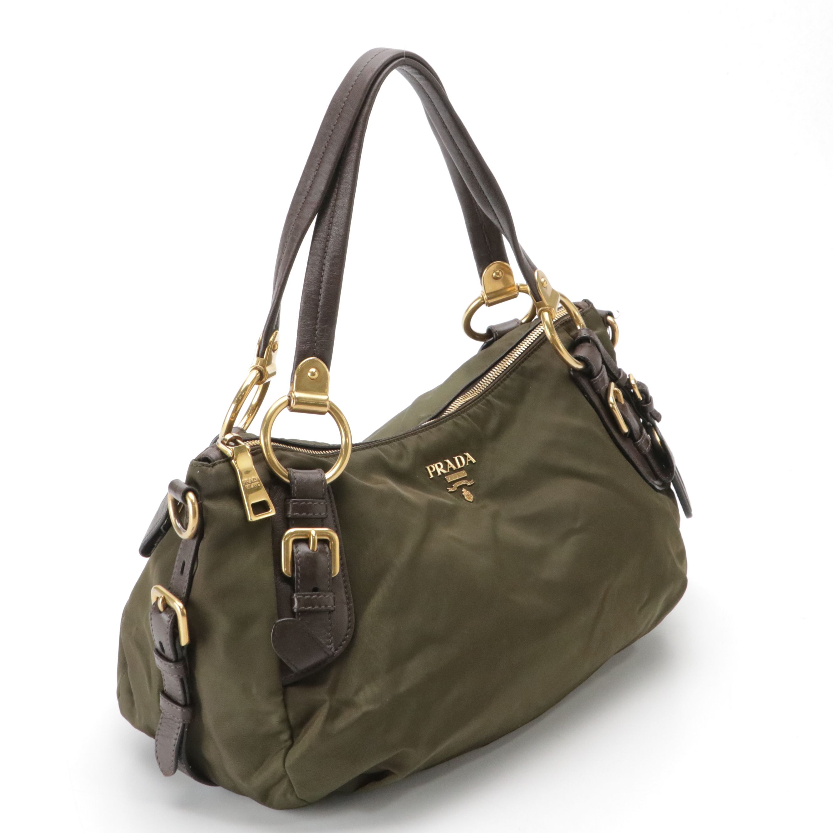Prada Army Green Tessuto Nylon and Brown Calfskin Leather Boston Bag