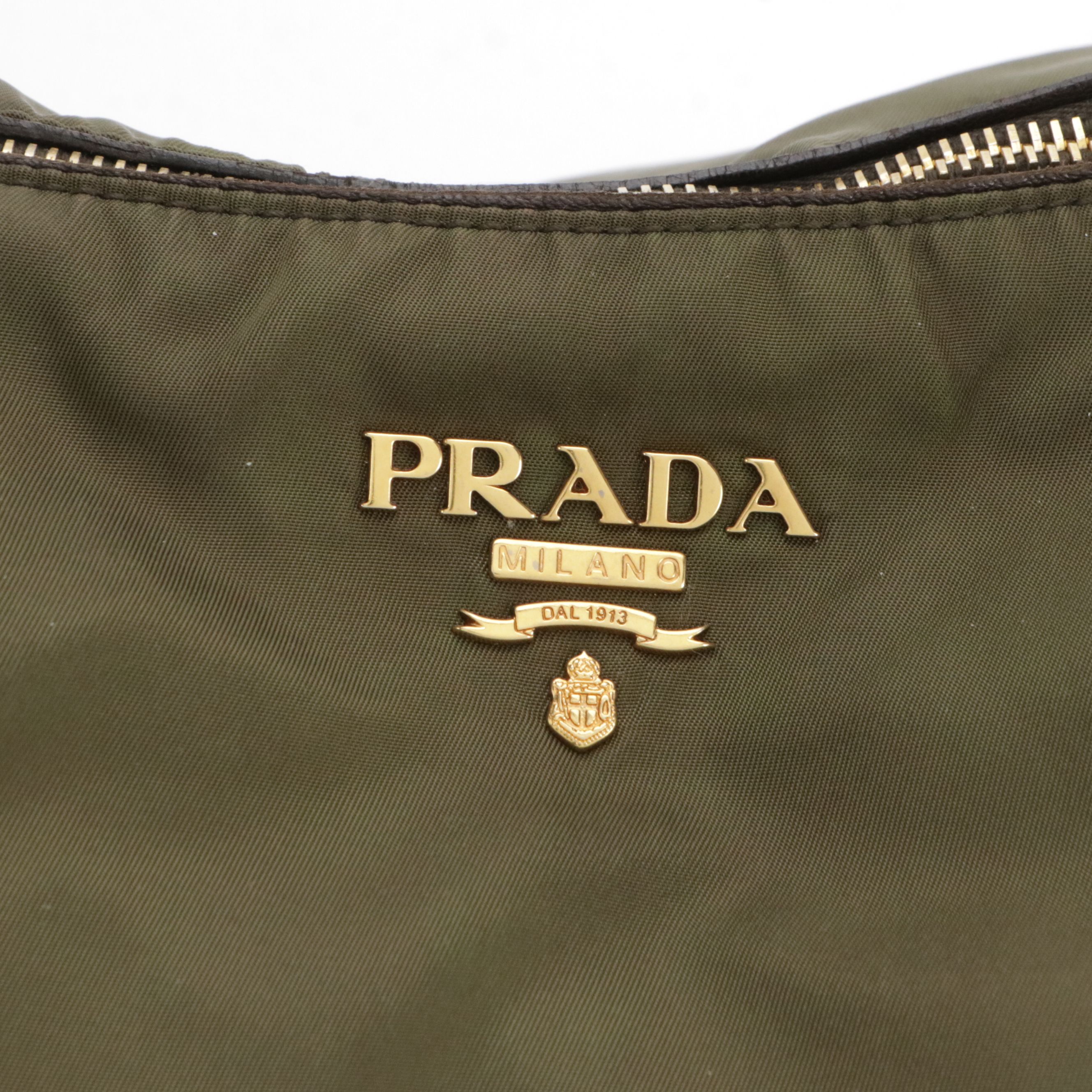 Prada Army Green Tessuto Nylon and Brown Calfskin Leather Boston Bag