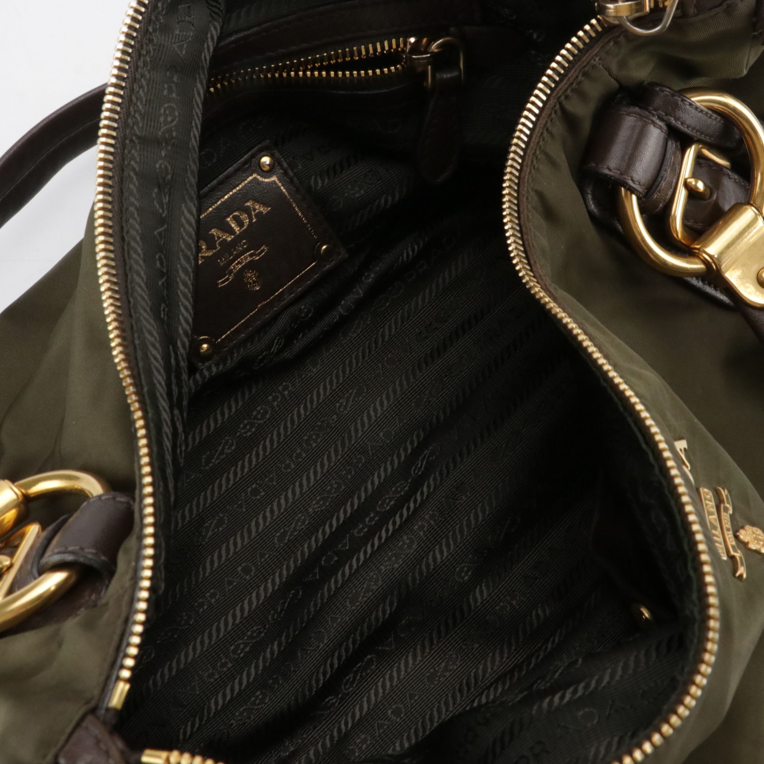 Prada Army Green Tessuto Nylon and Brown Calfskin Leather Boston Bag