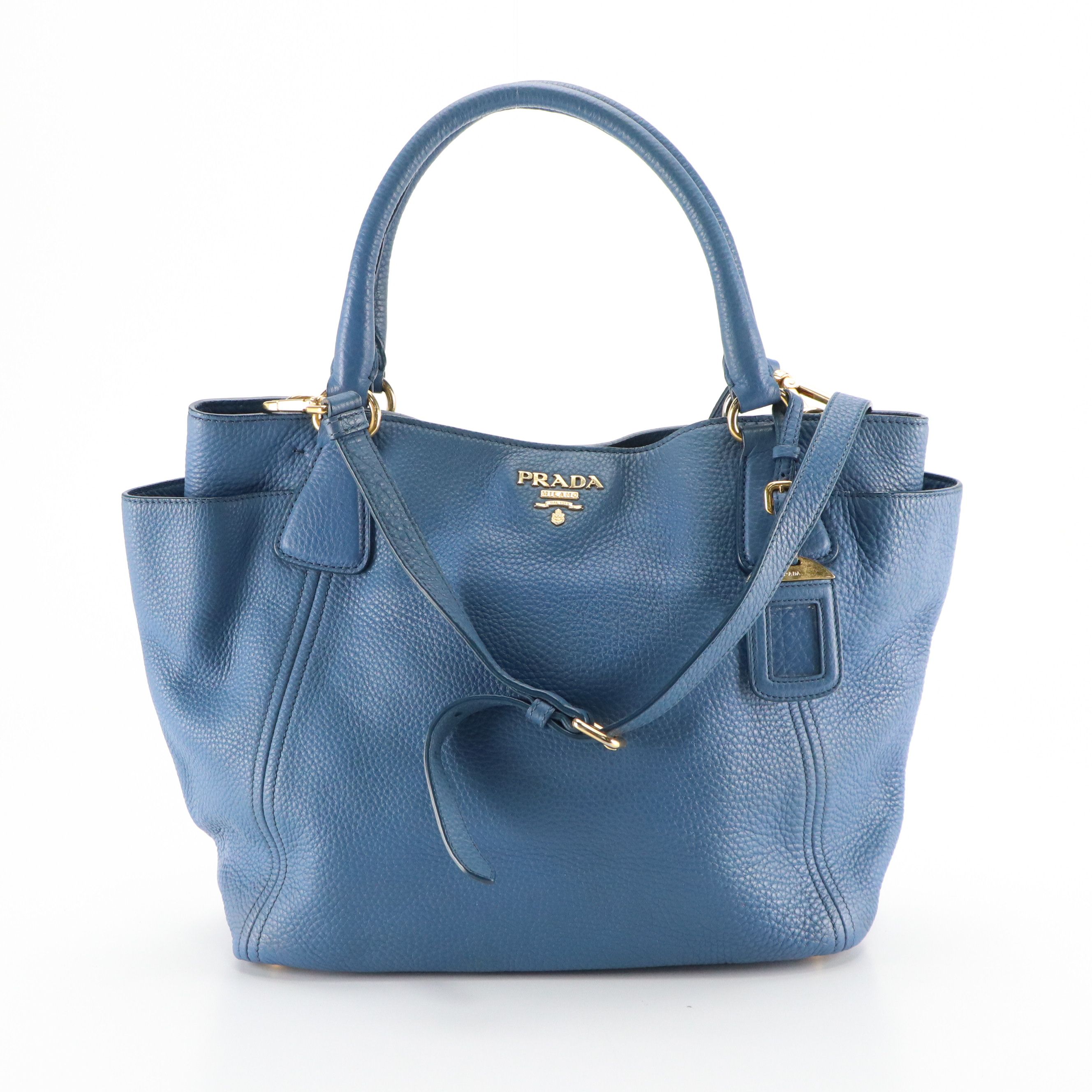 Prada Two-Way Tote Bag in Blue Vitello Daino Leather