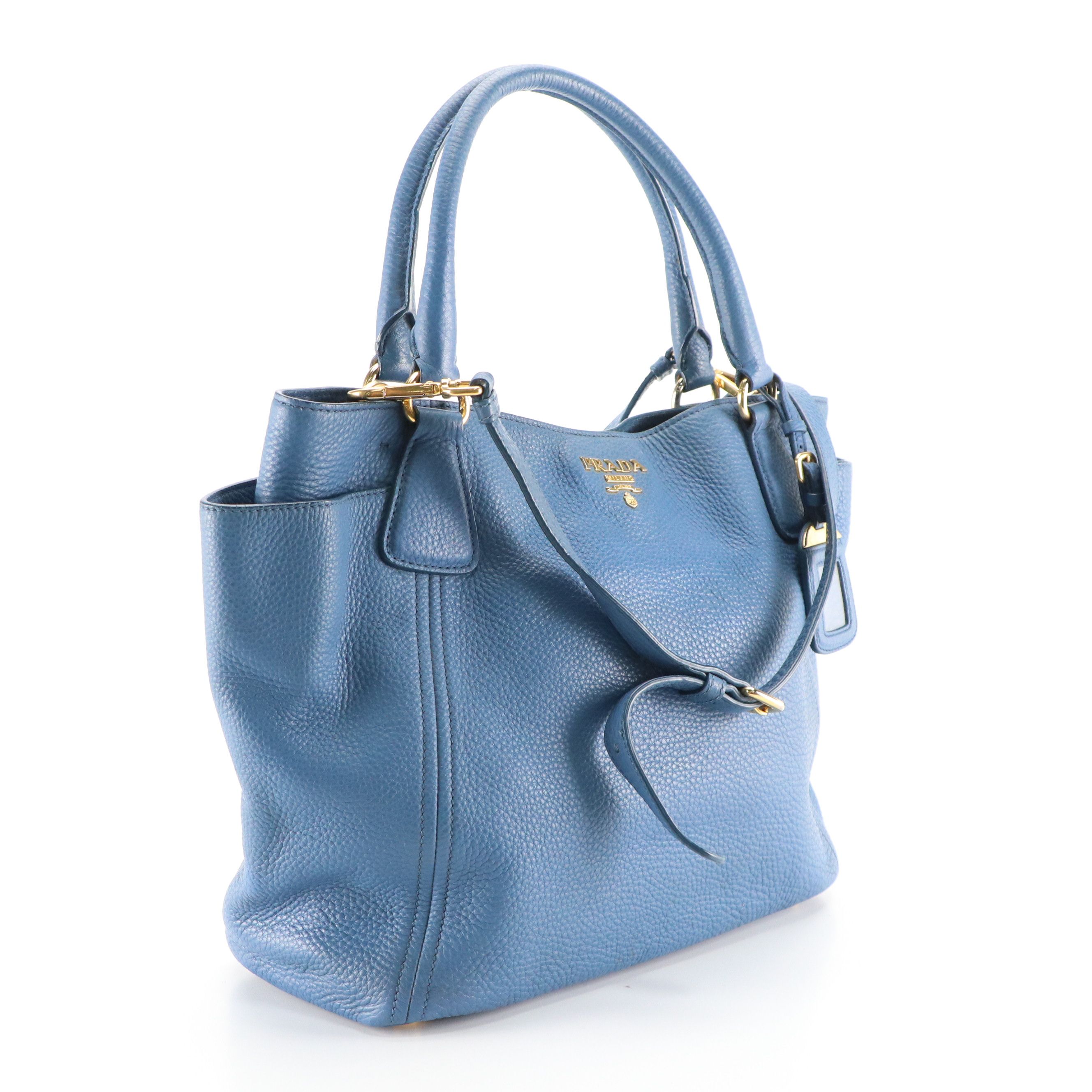 Prada Two-Way Tote Bag in Blue Vitello Daino Leather