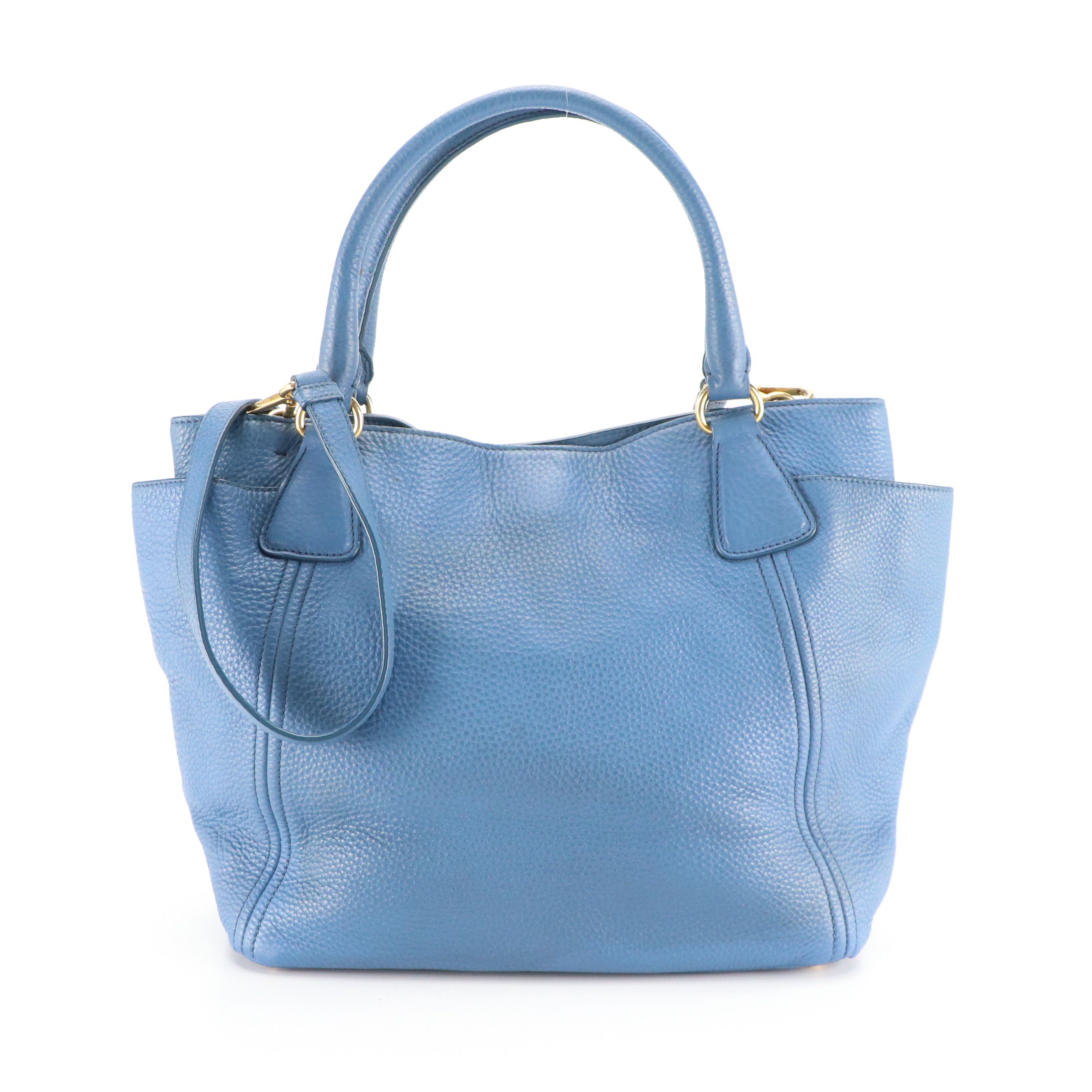 Prada Two-Way Tote Bag in Blue Vitello Daino Leather